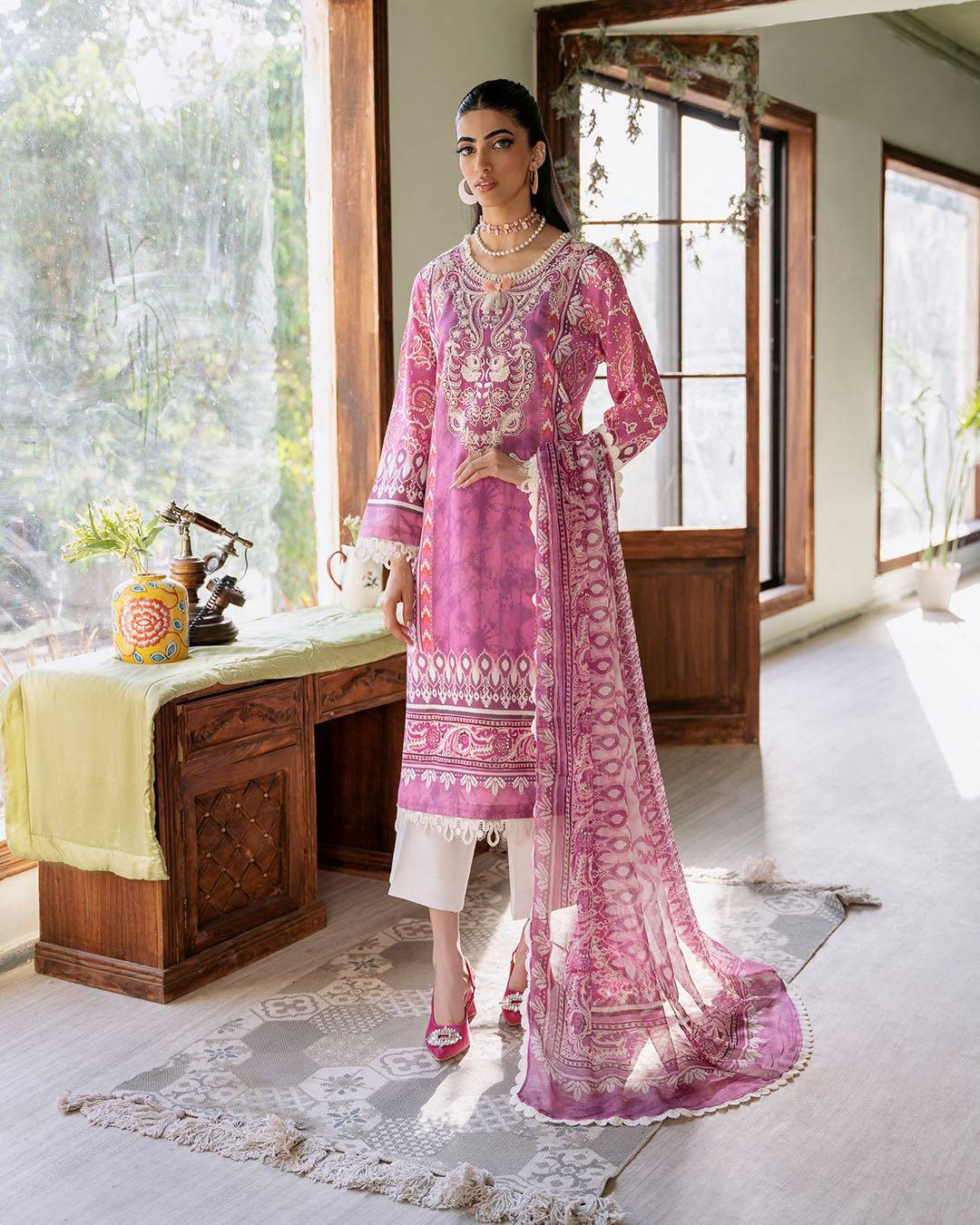 Roheenaz | Flora Printed Lawn | Amaranth - Pakistani Designer Dress - by Roheenaz | Type: Luxury - 100% Original at Saira Sultan