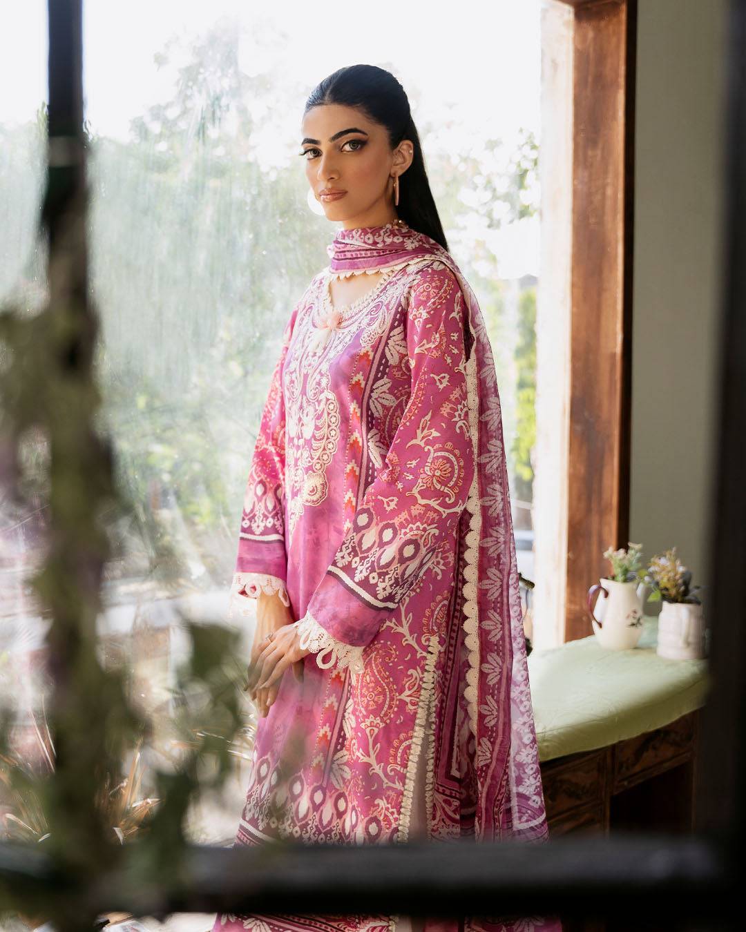 Roheenaz | Flora Printed Lawn | Amaranth - Pakistani Designer Dress - by Roheenaz | Type: Luxury - 100% Original at Saira Sultan