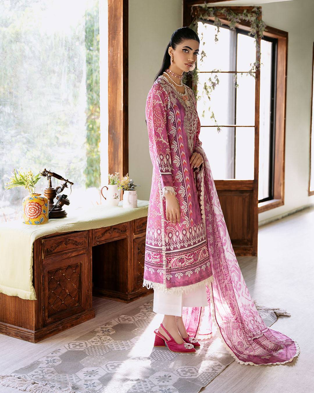 Roheenaz | Flora Printed Lawn | Amaranth - Pakistani Designer Dress - by Roheenaz | Type: Luxury - 100% Original at Saira Sultan