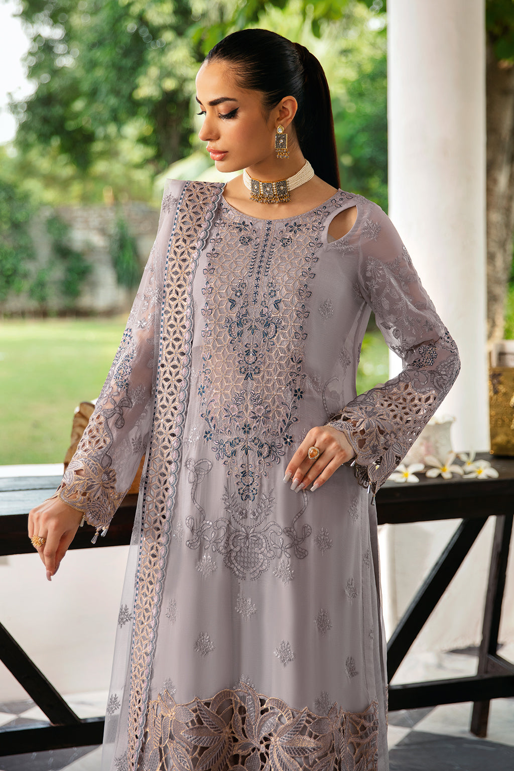 Ramsha | Dastak Luxury Chiffon Collection | Q-104 M Lilac Gray Chiffon