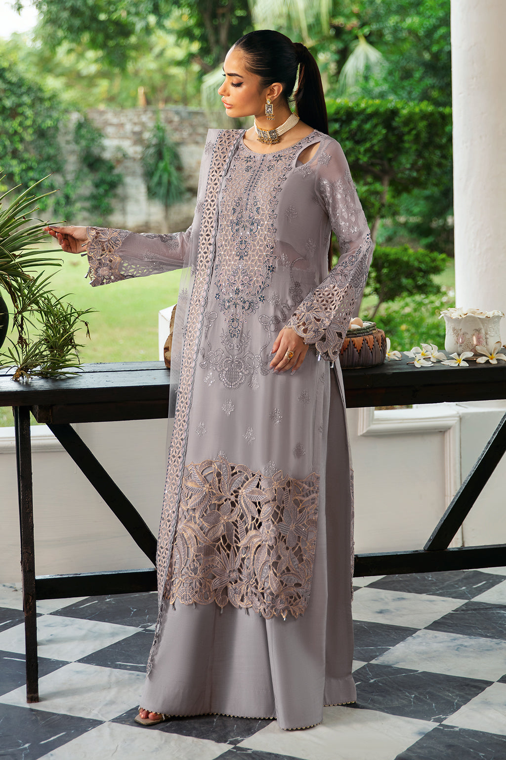 Ramsha | Dastak Luxury Chiffon Collection | Q-104 L Lilac Gray Chiffon