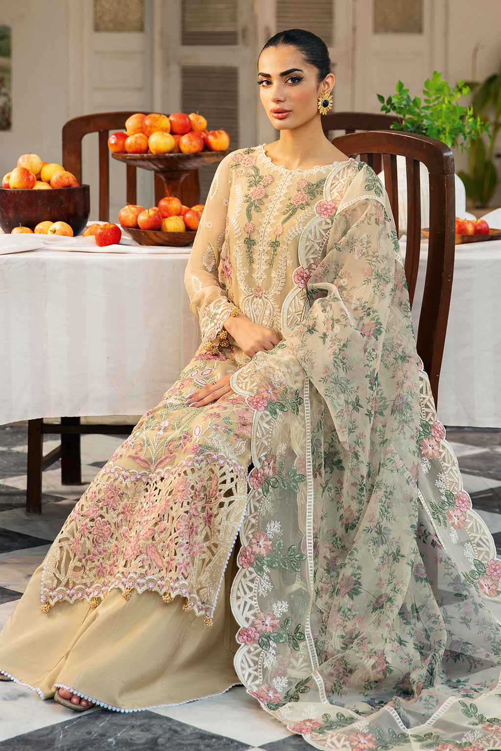 Ramsha | Dastak Luxury Chiffon Collection | Q-105 Custom Size Beige Chiffon