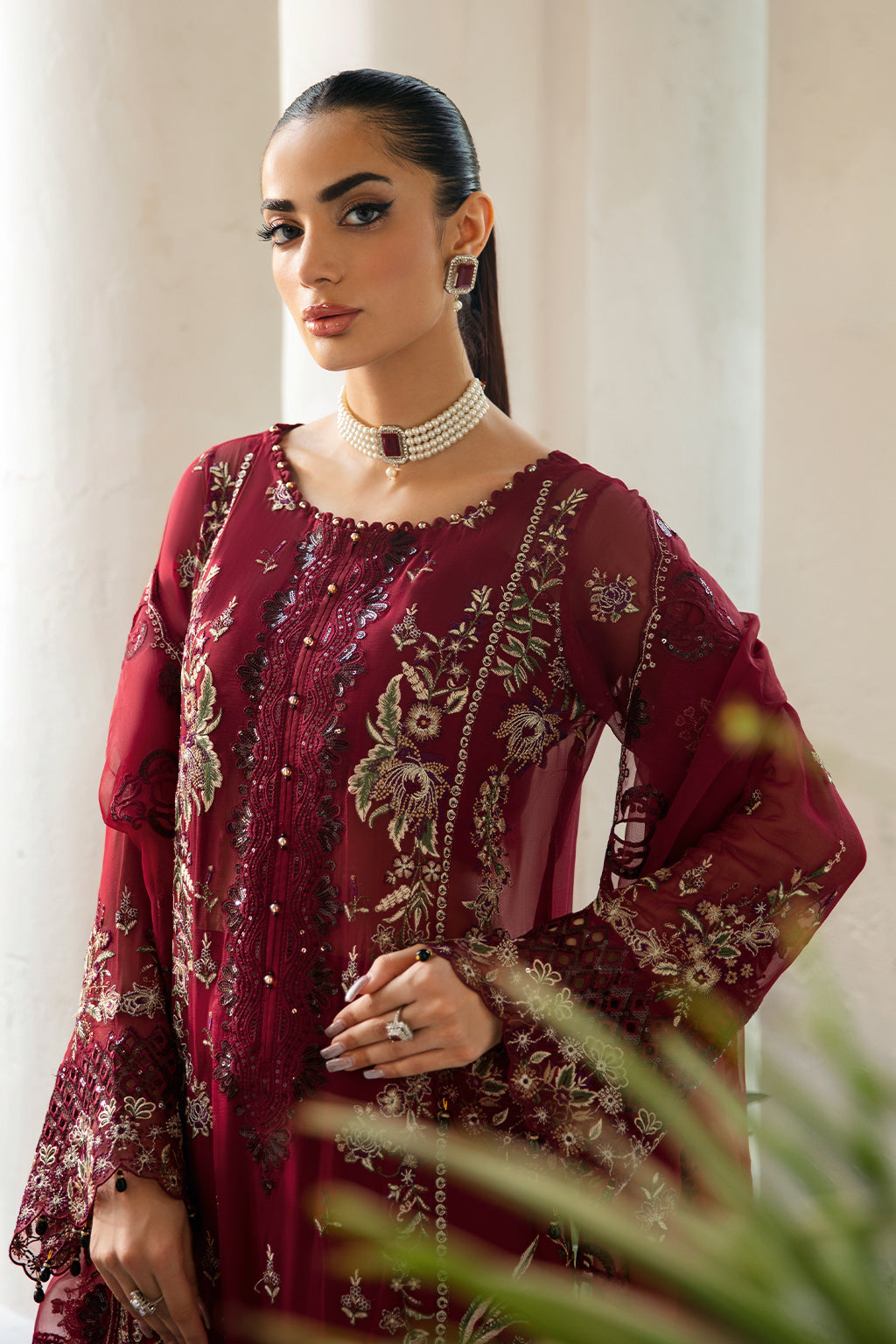 Ramsha | Dastak Luxury Chiffon Collection | Q-103 L Deep Red Chiffon