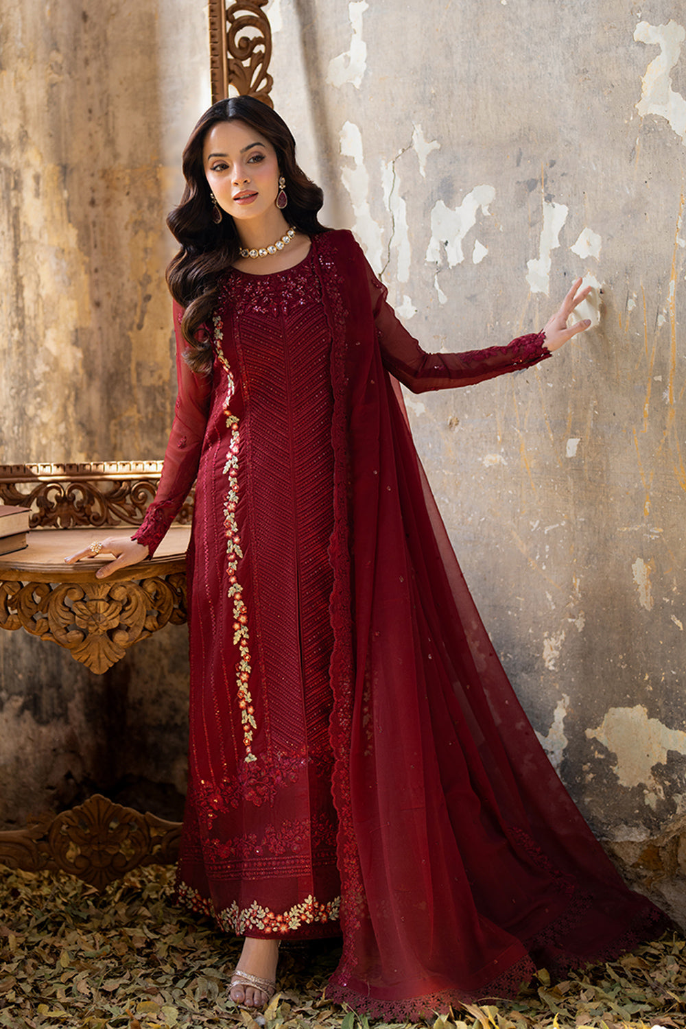 Azure | Ensembles Embroidered Formals | Red Mist XS Maroon Chiffon