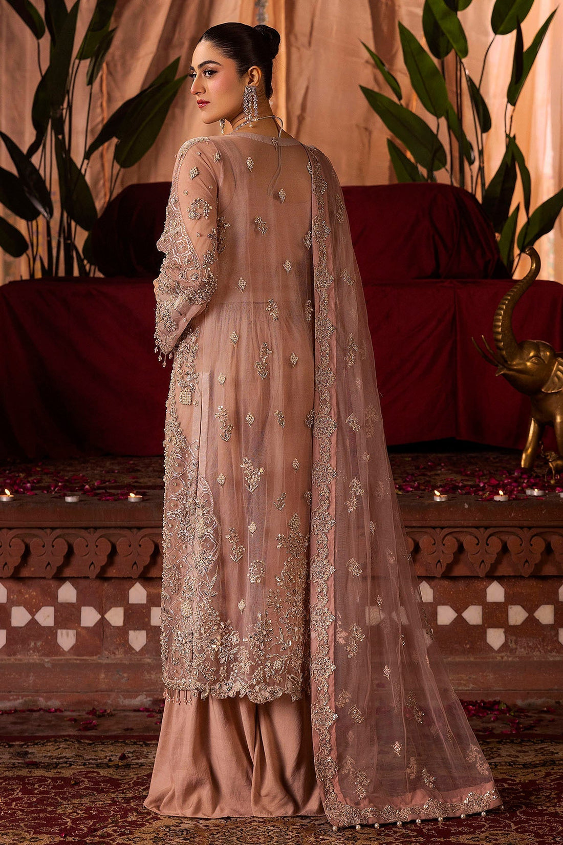 Motifz | Bridal Couture | 0011-REEM EMBROIDERED SILK NET STITCHED XS Pastel Pink Silk Net