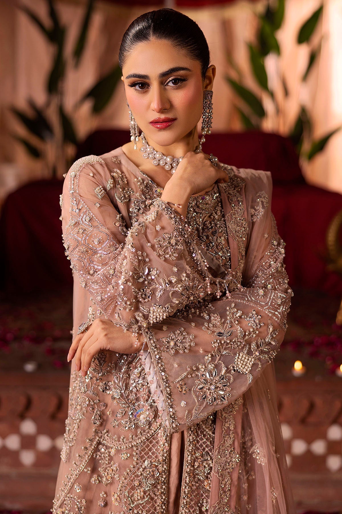 Motifz | Bridal Couture | 0011-REEM EMBROIDERED SILK NET STITCHED M Pastel Pink Silk Net
