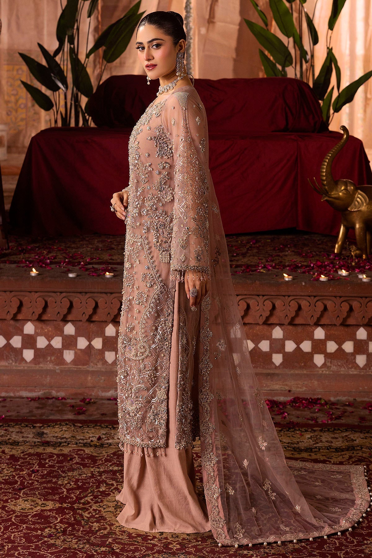 Motifz | Bridal Couture | 0011-REEM EMBROIDERED SILK NET STITCHED L Pastel Pink Silk Net