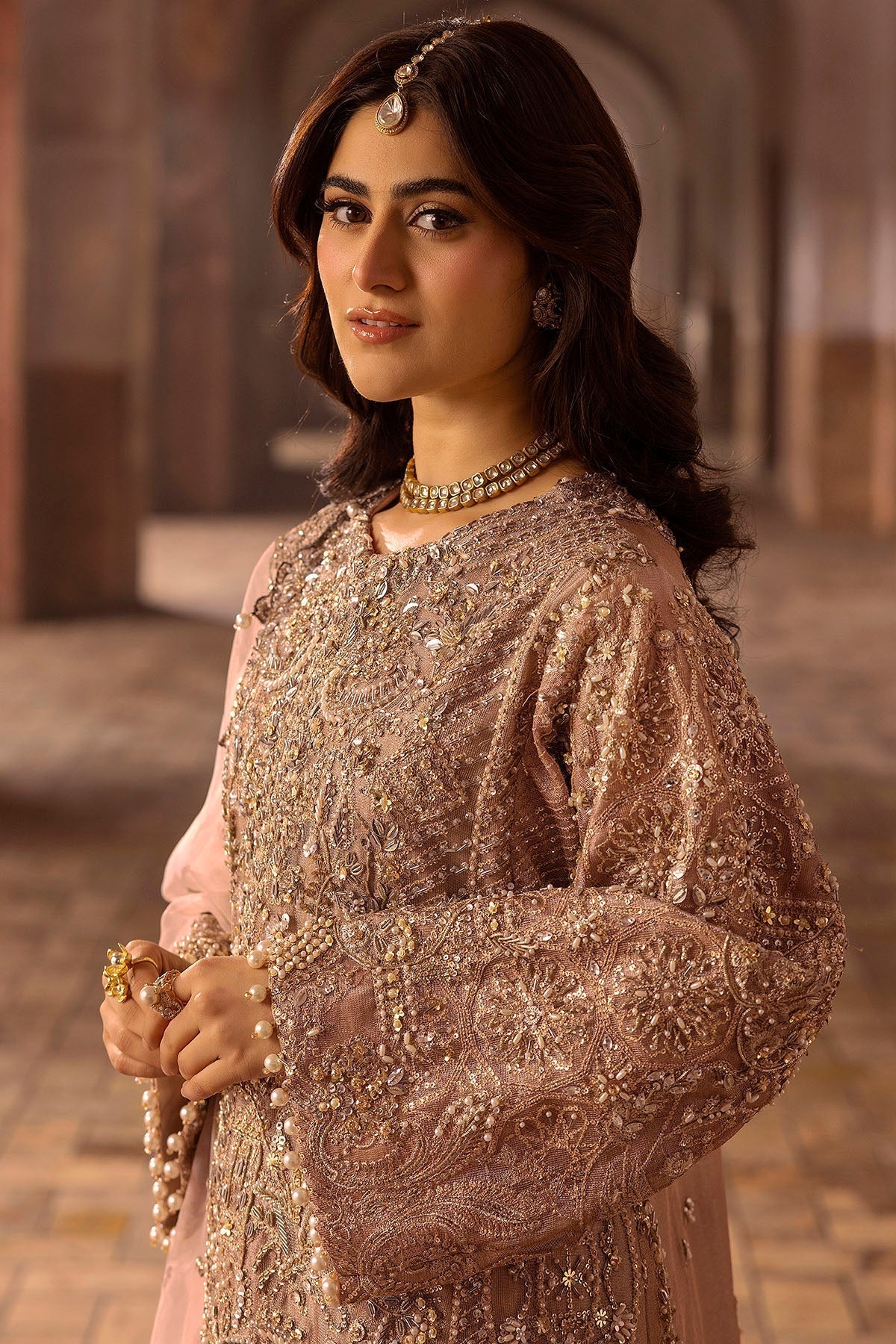 Motifz | Bridal Couture | 0012-MAYASA EMBROIDERED MESSORI STITCHED Custom Size Peach Zari Net