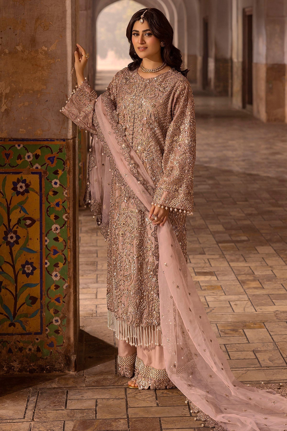 Motifz | Bridal Couture | 0012-MAYASA EMBROIDERED MESSORI STITCHED L Peach Zari Net