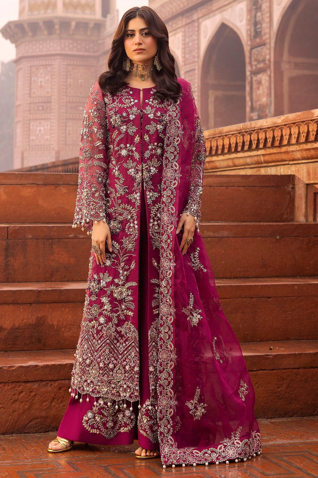 Motifz | Bridal Couture | 0013-HEER EMBROIDERED ORGANZA STITCHED XS Fuchsia Pink Organza