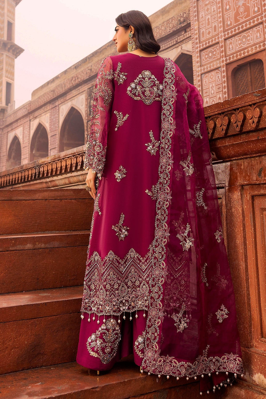 Motifz | Bridal Couture | 0013-HEER EMBROIDERED ORGANZA STITCHED XS Fuchsia Pink Organza