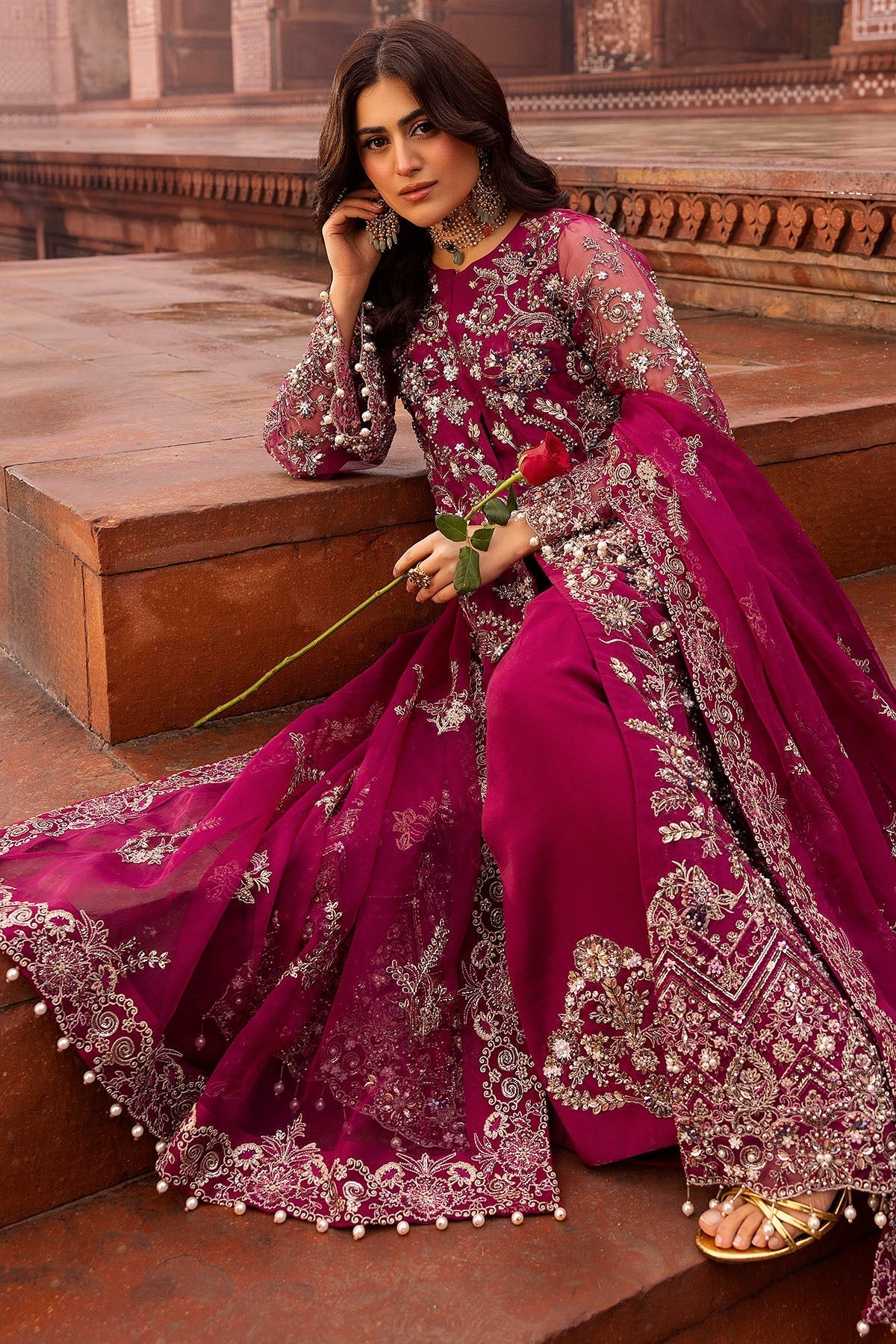 Motifz | Bridal Couture | 0013-HEER EMBROIDERED ORGANZA STITCHED M Fuchsia Pink Organza