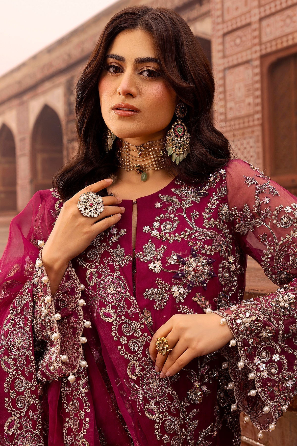 Motifz | Bridal Couture | 0013-HEER EMBROIDERED ORGANZA STITCHED L Fuchsia Pink Organza