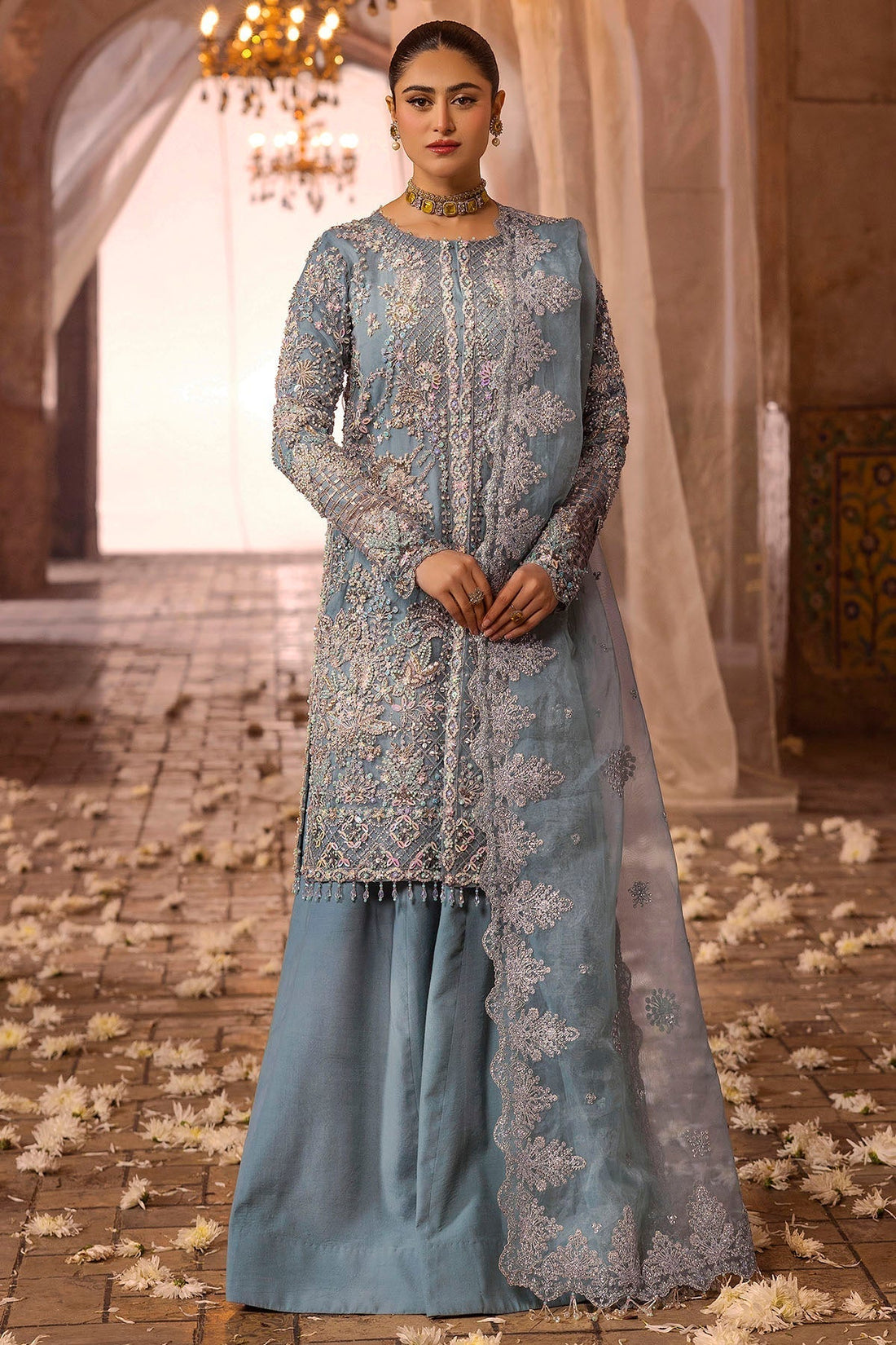Motifz | Bridal Couture | 0014-FIROZEH EMBROIDERED ORGANZA STITCHED XS Ice Blue Silk