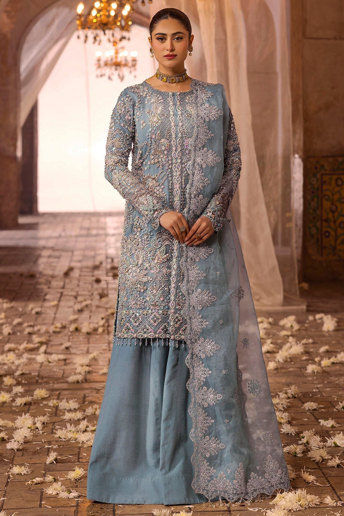 Motifz | Bridal Couture | 0014-FIROZEH EMBROIDERED ORGANZA STITCHED XS Ice Blue Silk