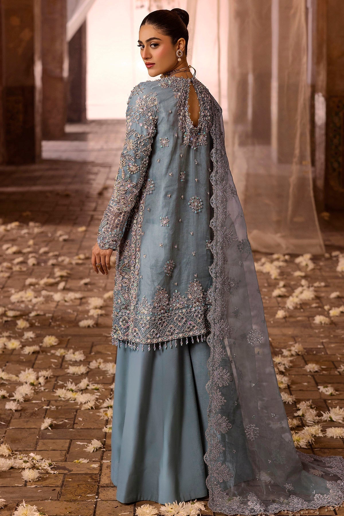 Motifz | Bridal Couture | 0014-FIROZEH EMBROIDERED ORGANZA STITCHED M Ice Blue Silk