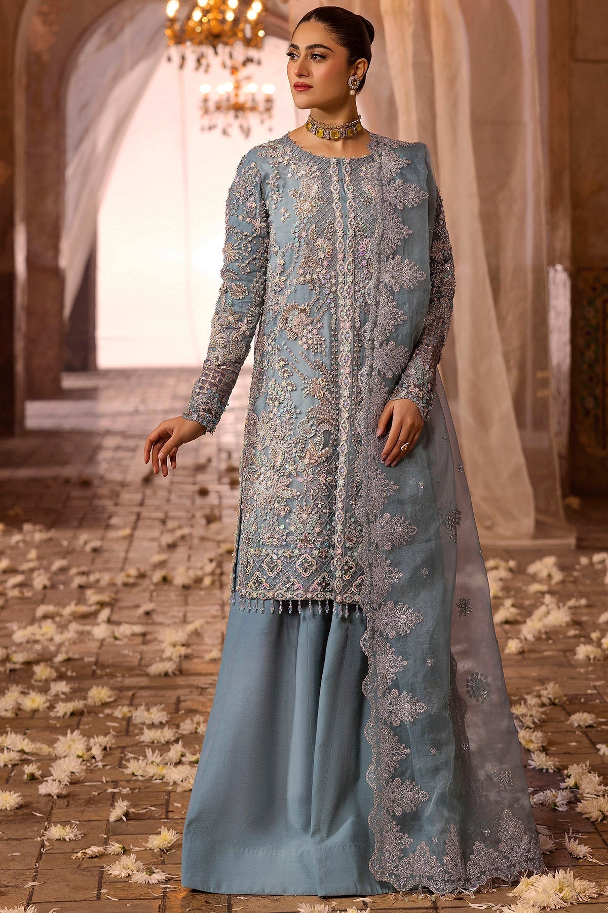 Motifz | Bridal Couture | 0014-FIROZEH EMBROIDERED ORGANZA STITCHED Custom Size Ice Blue Silk