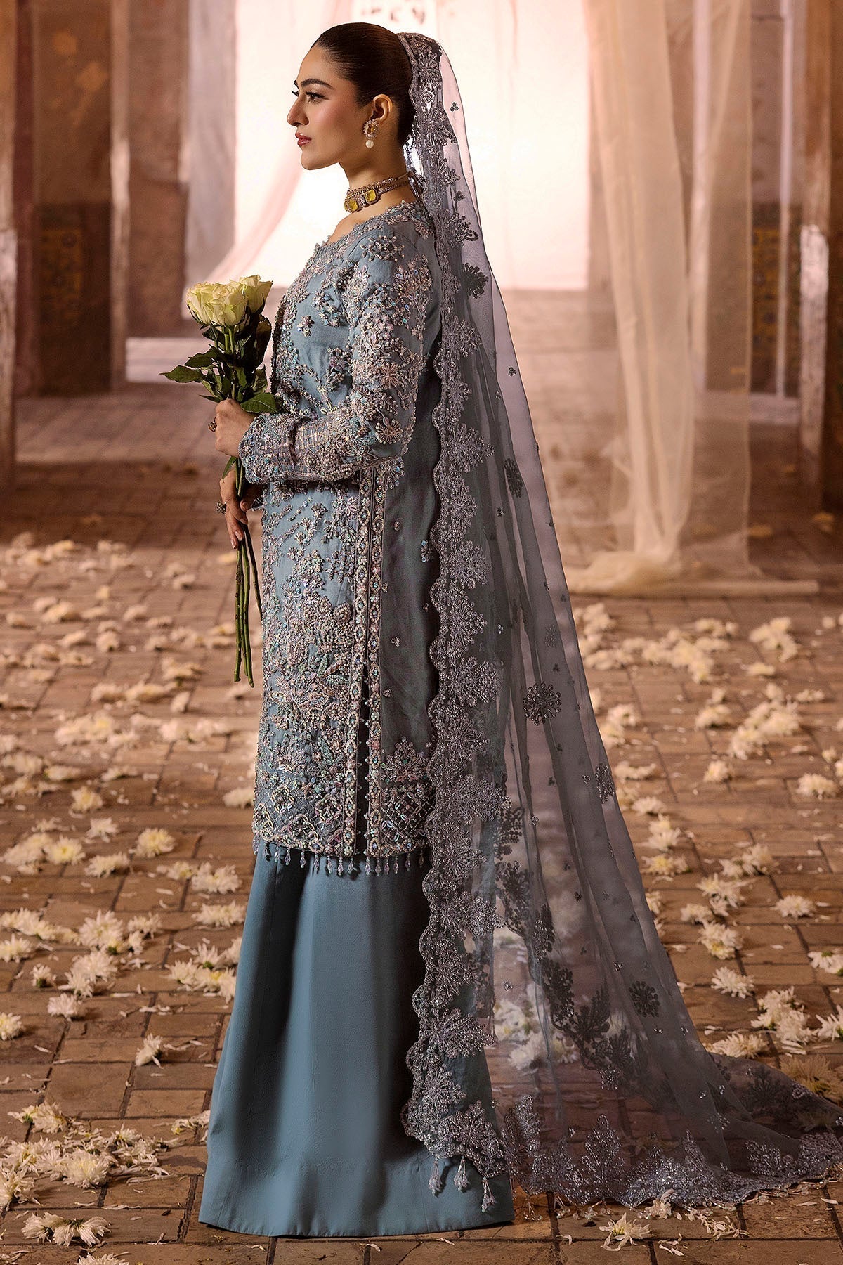 Motifz | Bridal Couture | 0014-FIROZEH EMBROIDERED ORGANZA STITCHED XL Ice Blue Silk