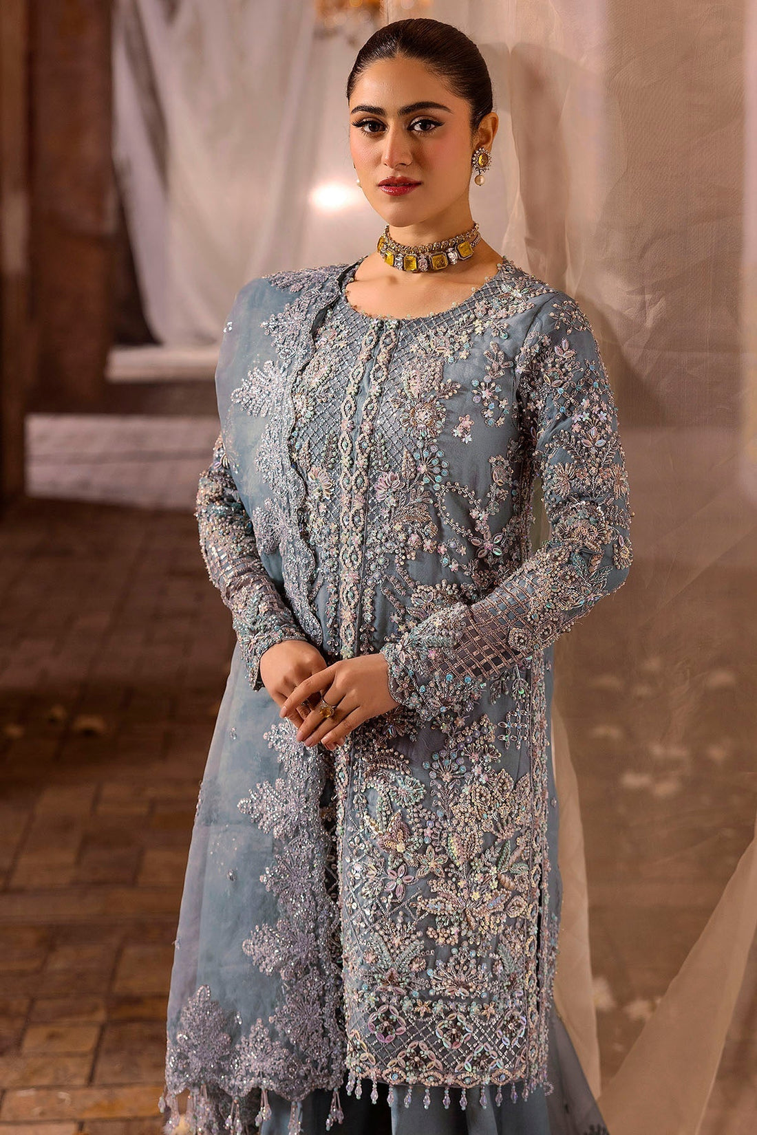 Motifz | Bridal Couture | 0014-FIROZEH EMBROIDERED ORGANZA STITCHED XS Ice Blue Silk