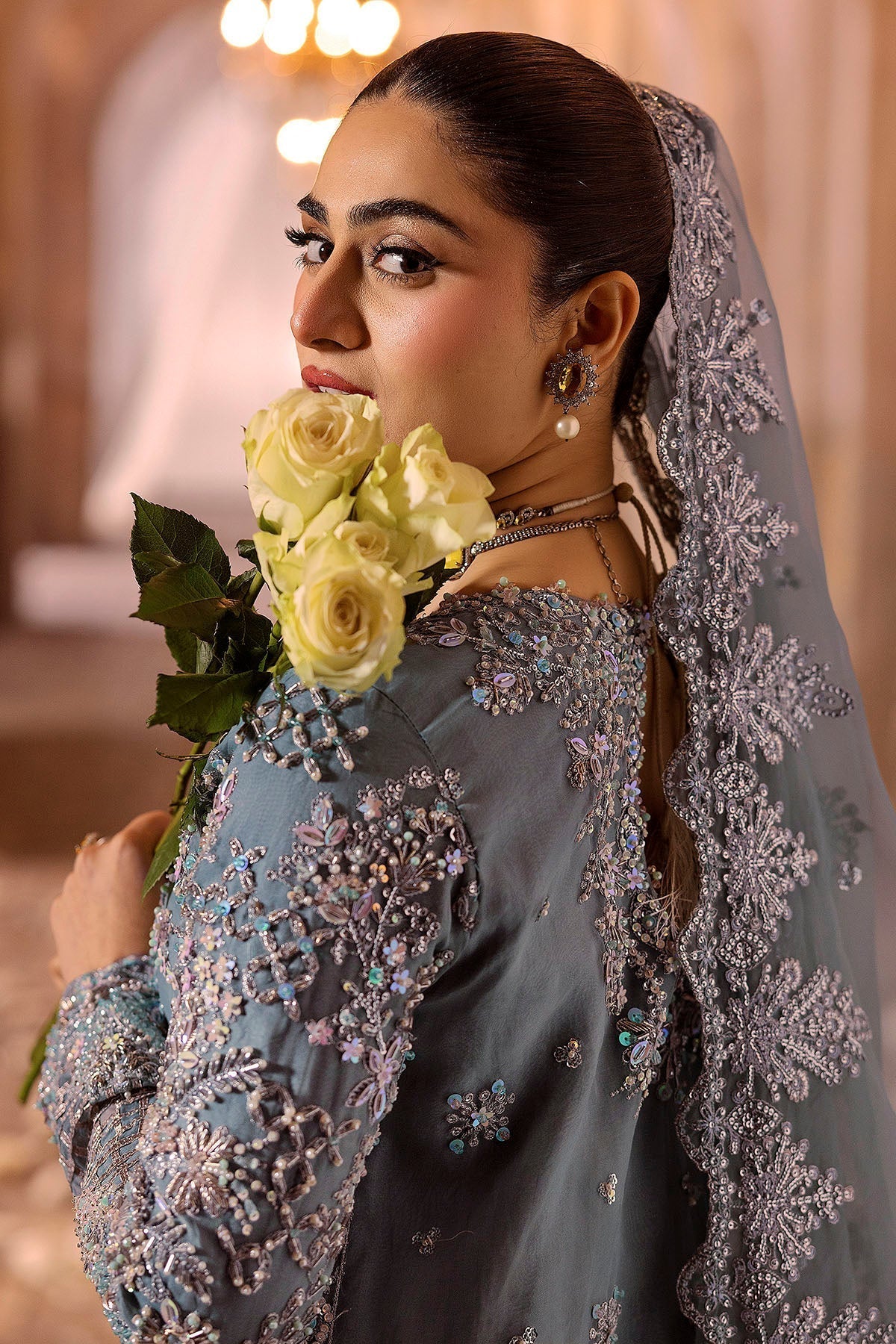 Motifz | Bridal Couture | 0014-FIROZEH EMBROIDERED ORGANZA STITCHED L Ice Blue Silk