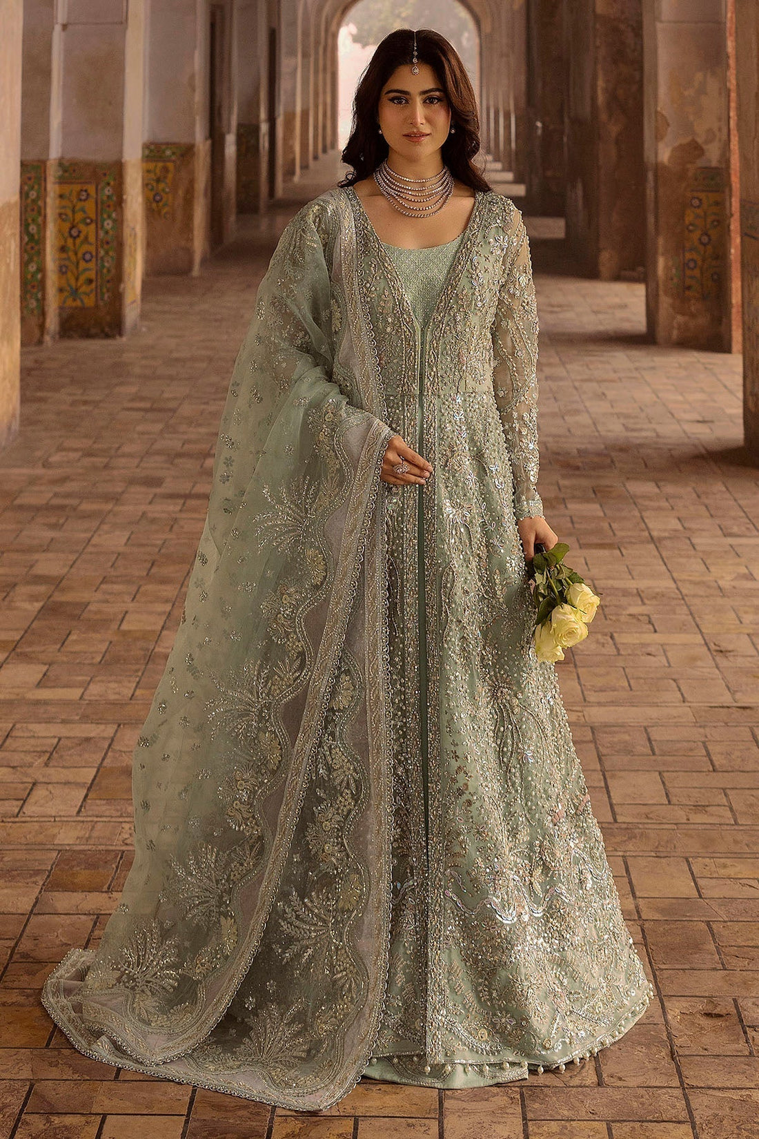 Motifz | Bridal Couture | 0015-MEHTAB EMBROIDERED ORGANZA STITCHED XS Ice Blue Organza
