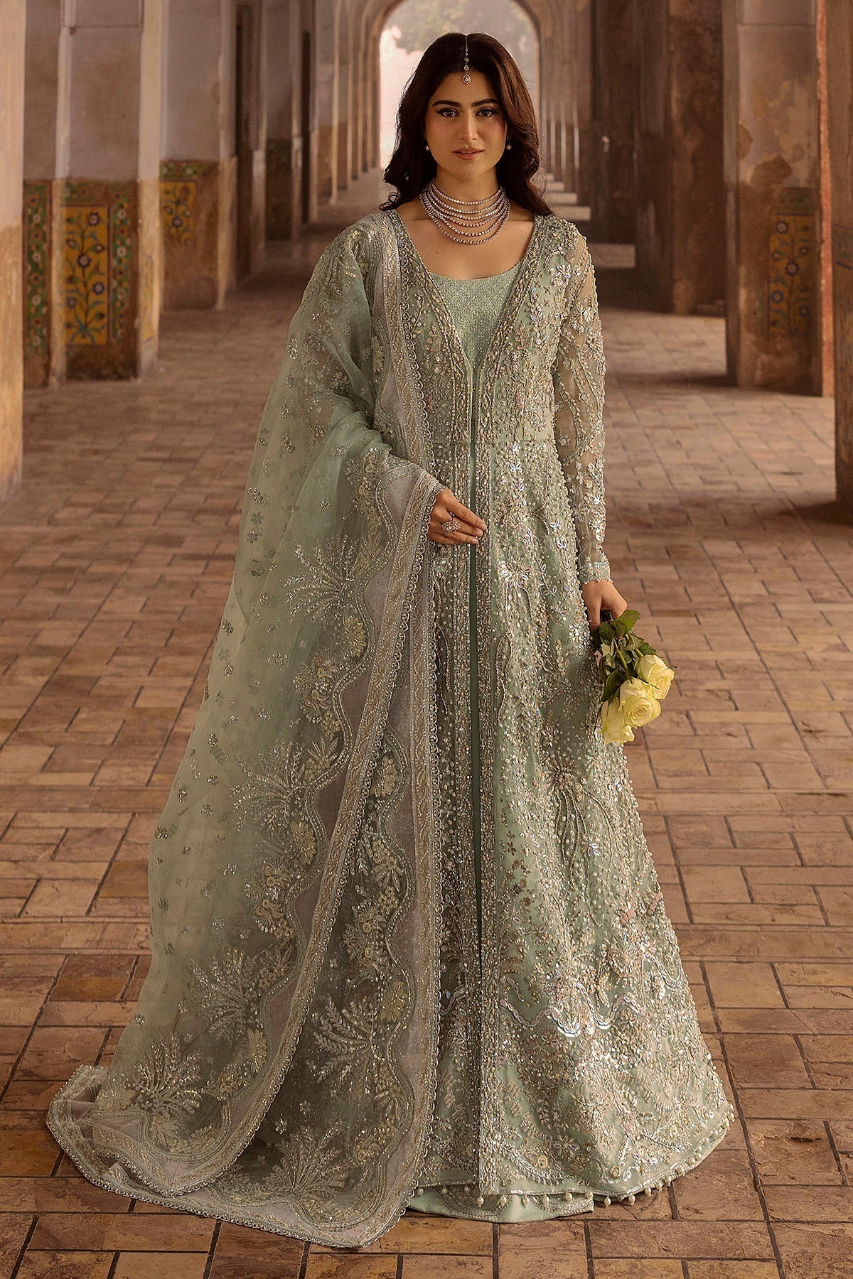 Motifz | Bridal Couture | 0015-MEHTAB EMBROIDERED ORGANZA STITCHED XS Ice Blue Organza