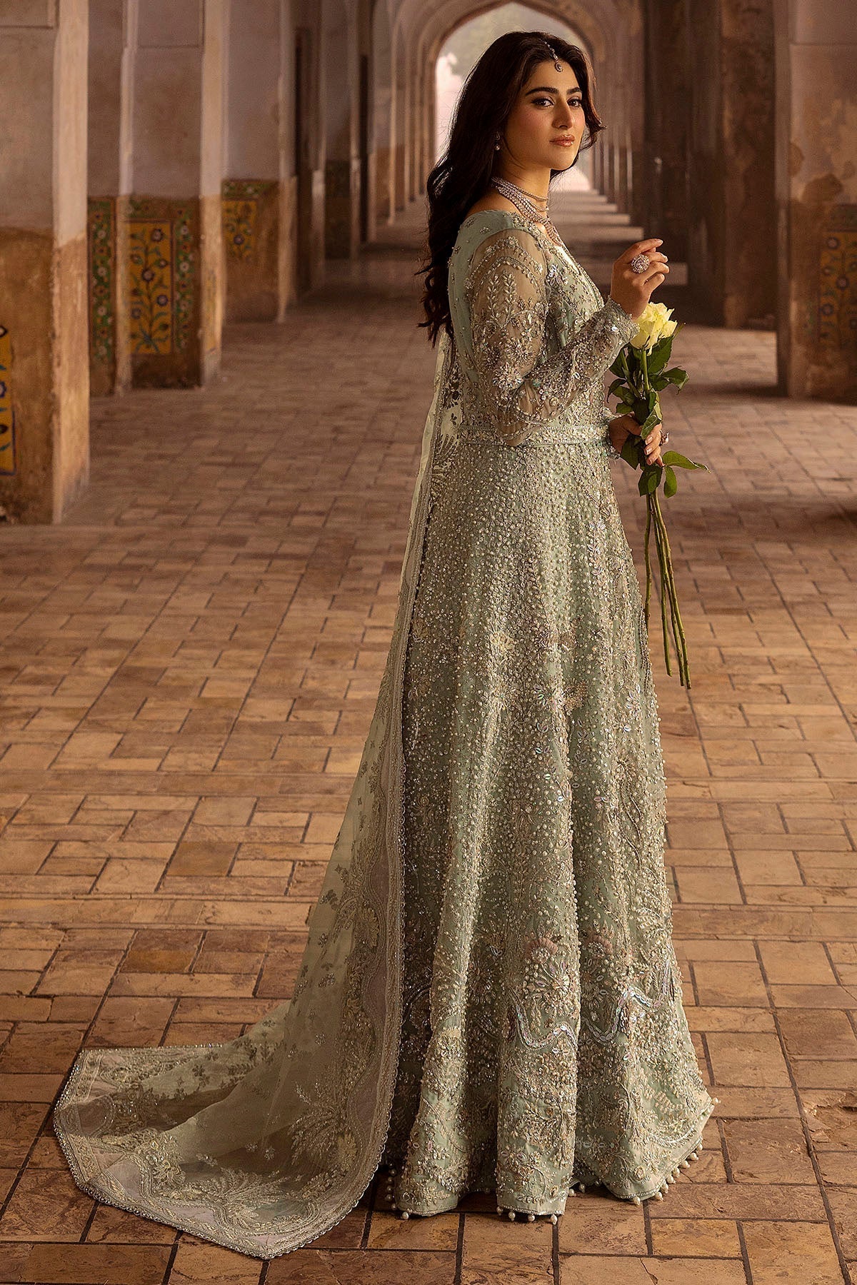 Motifz | Bridal Couture | 0015-MEHTAB EMBROIDERED ORGANZA STITCHED L Ice Blue Organza