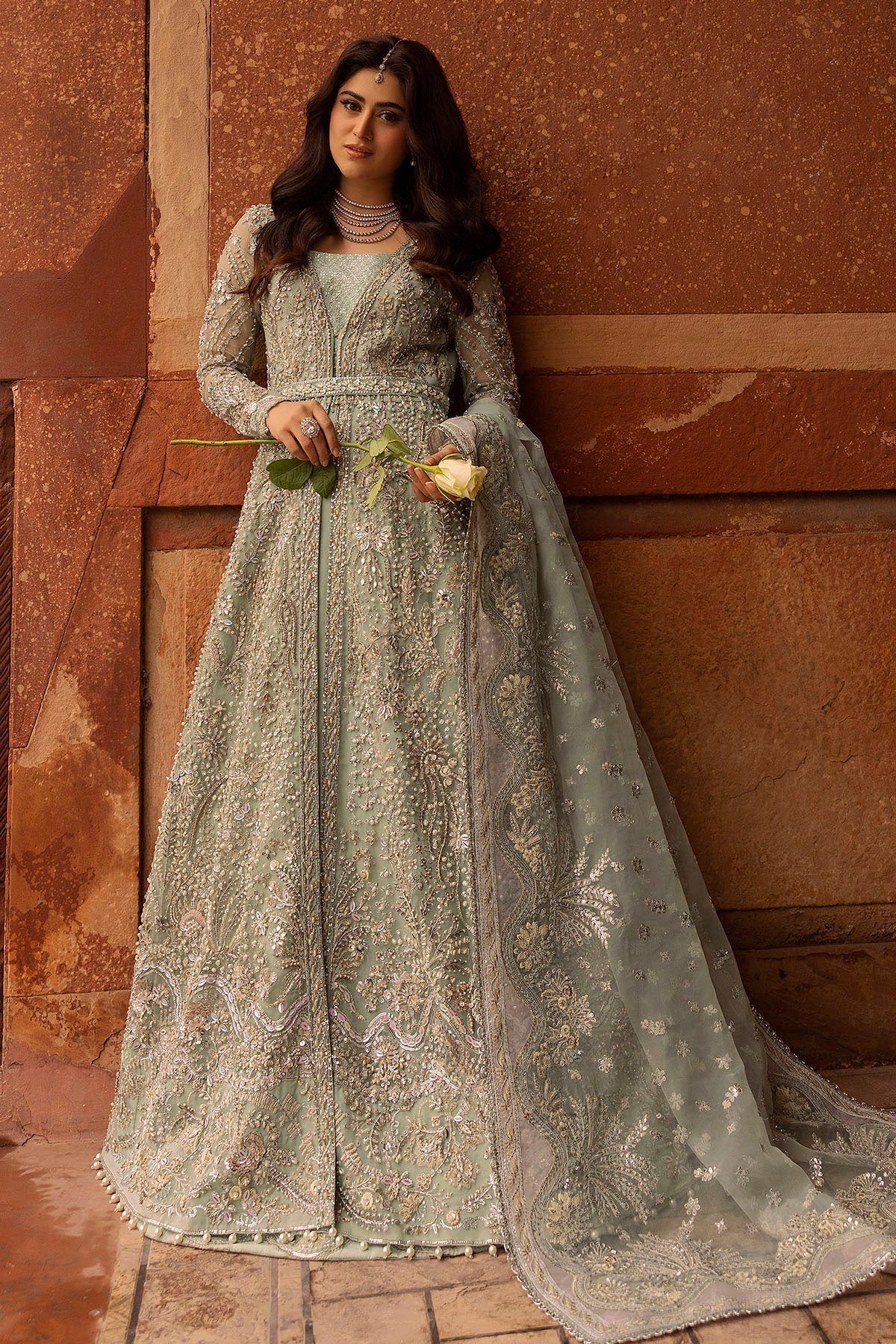 Motifz | Bridal Couture | 0015-MEHTAB EMBROIDERED ORGANZA STITCHED XL Ice Blue Organza