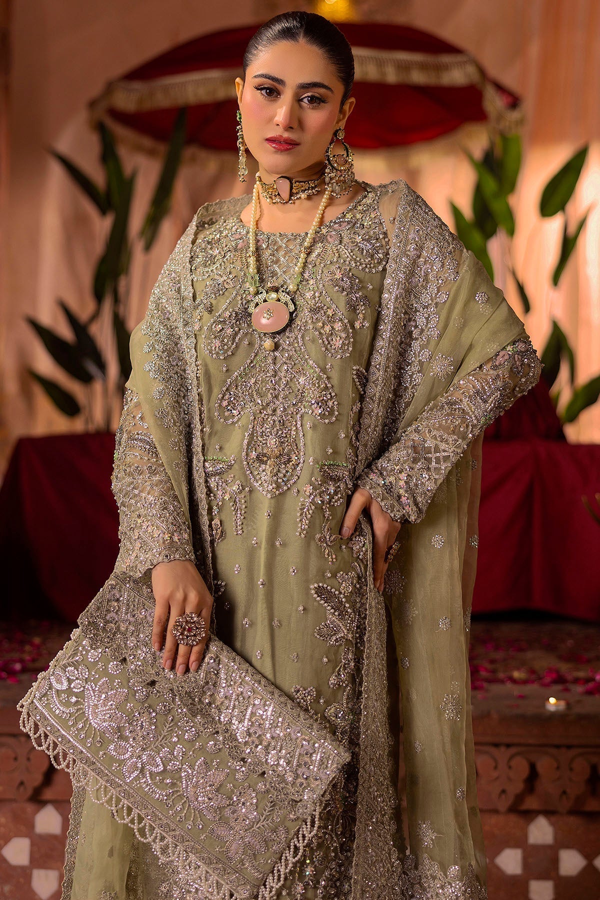 Motifz | Bridal Couture | 0016-MEERAZ EMBROIDERED ORGANZA STITCHED L Olive Green Organza