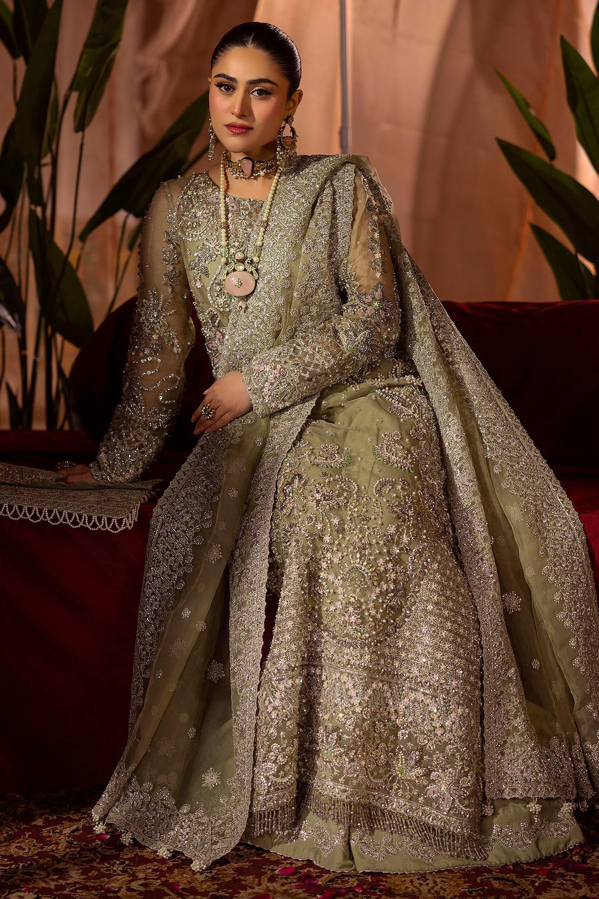 Motifz | Bridal Couture | 0016-MEERAZ EMBROIDERED ORGANZA STITCHED XL Olive Green Organza