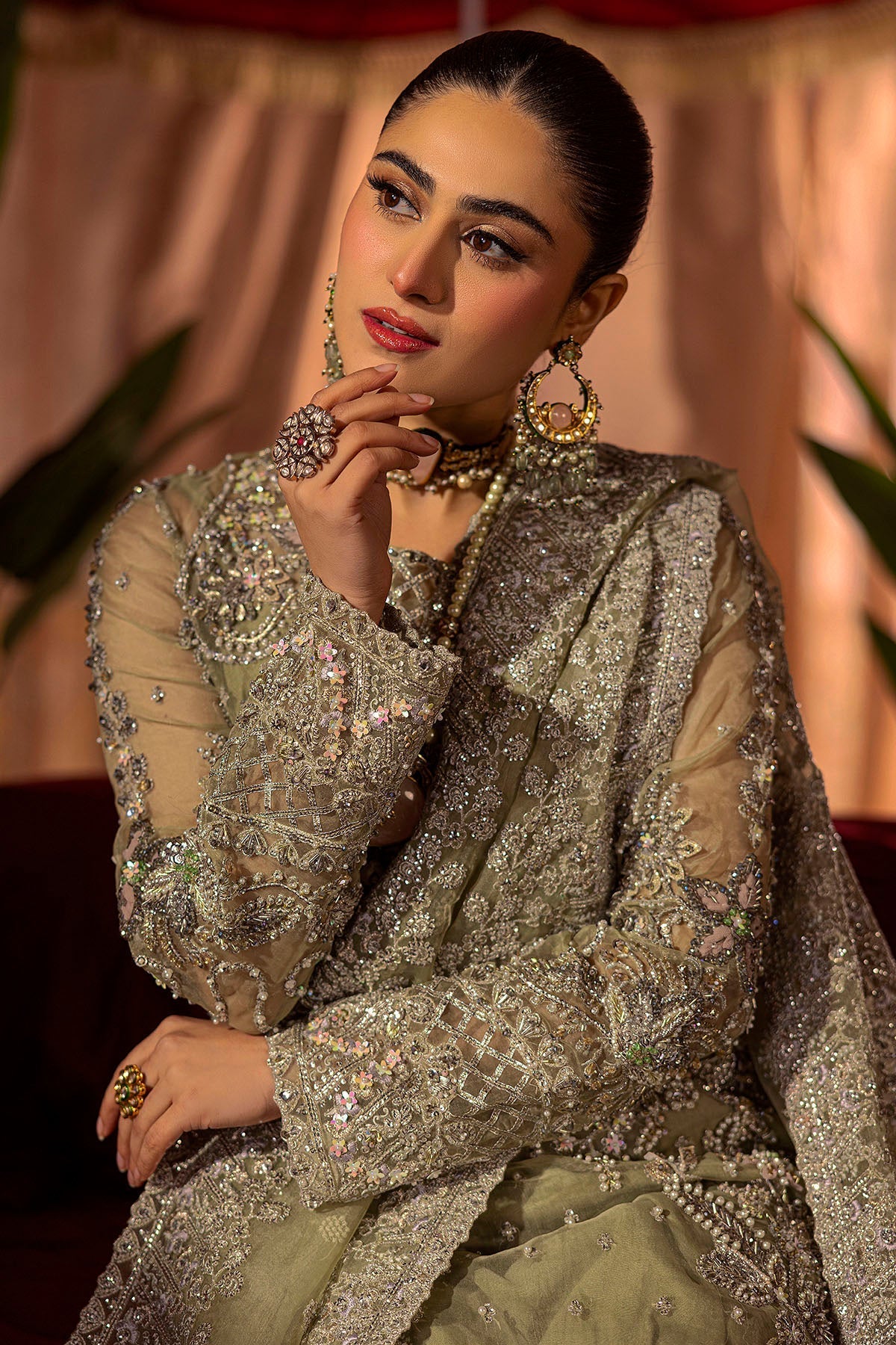 Motifz | Bridal Couture | 0016-MEERAZ EMBROIDERED ORGANZA STITCHED M Olive Green Organza