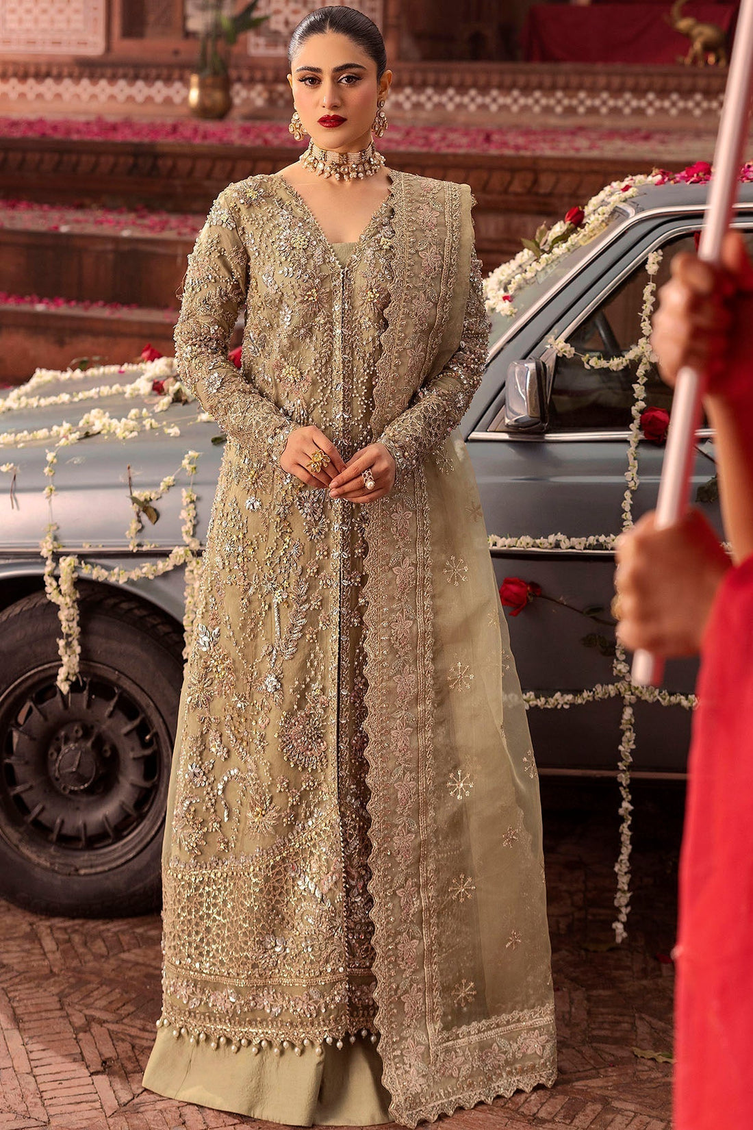 Motifz | Bridal Couture | 0017-PARINAZ EMBROIDERED ORGANZA STITCHED XS Olive Haze Organza