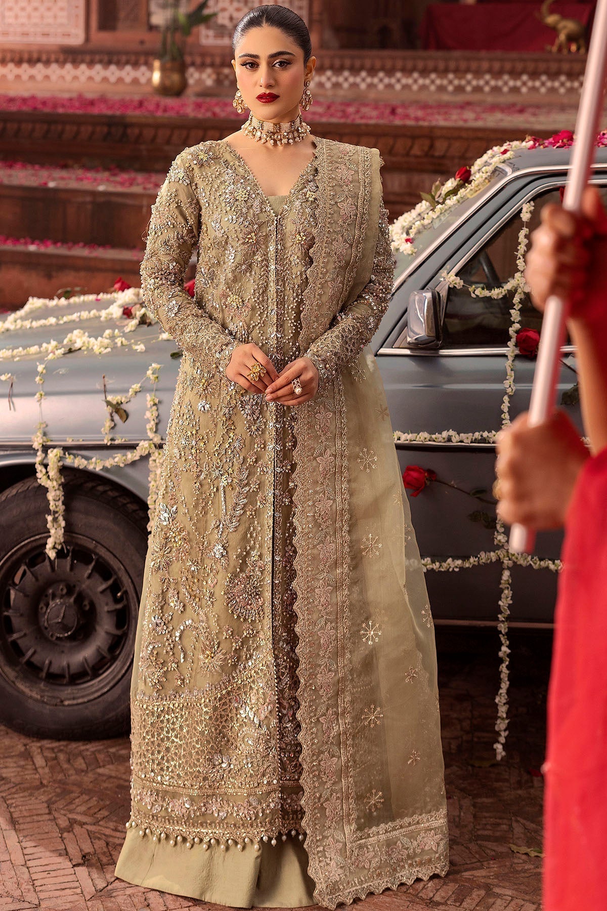 Motifz | Bridal Couture | 0017-PARINAZ EMBROIDERED ORGANZA STITCHED XS Olive Haze Organza