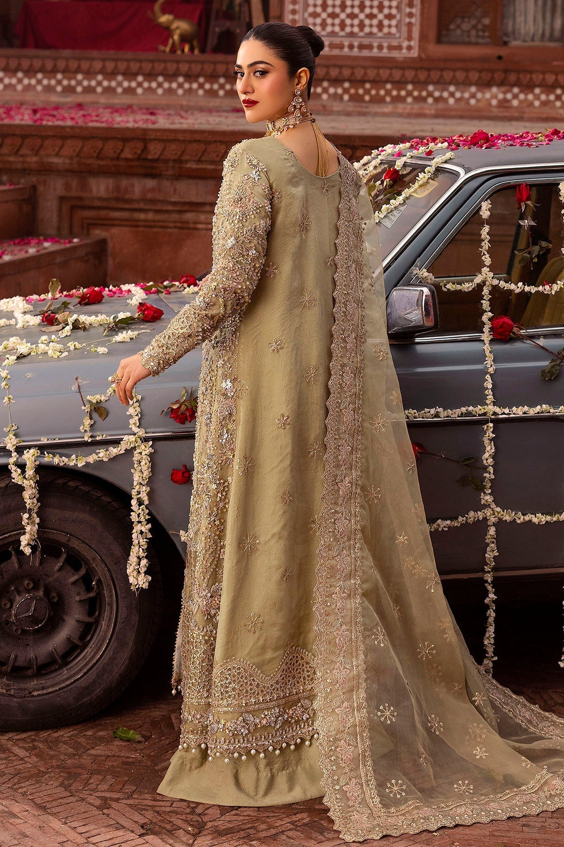 Motifz | Bridal Couture | 0017-PARINAZ EMBROIDERED ORGANZA STITCHED XS Olive Haze Organza