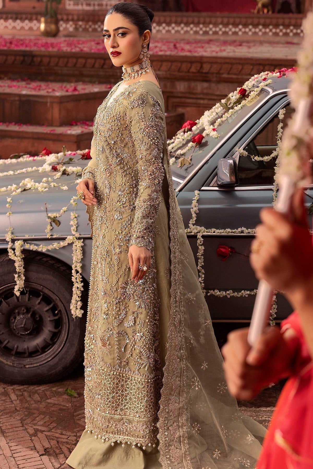 Motifz | Bridal Couture | 0017-PARINAZ EMBROIDERED ORGANZA STITCHED XL Olive Haze Organza