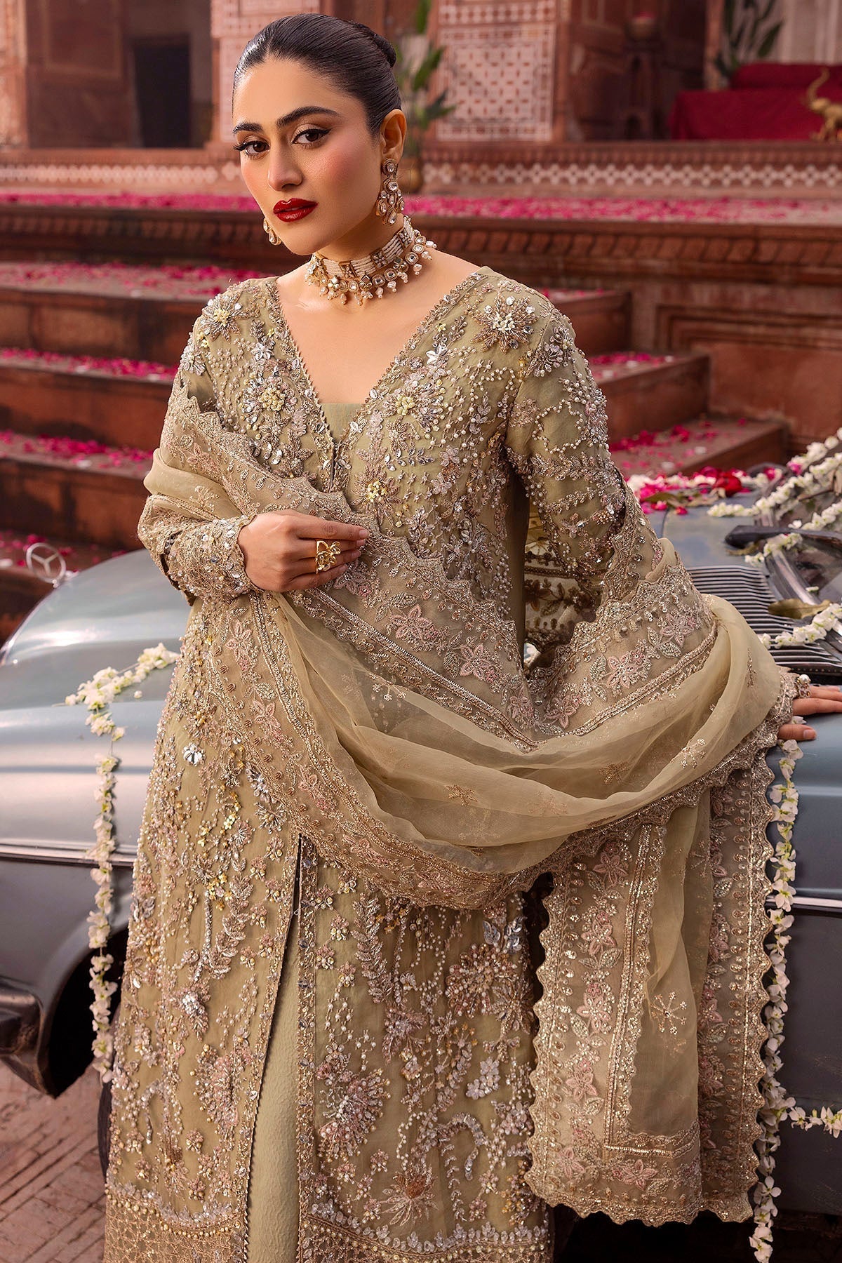 Motifz | Bridal Couture | 0017-PARINAZ EMBROIDERED ORGANZA STITCHED M Olive Haze Organza