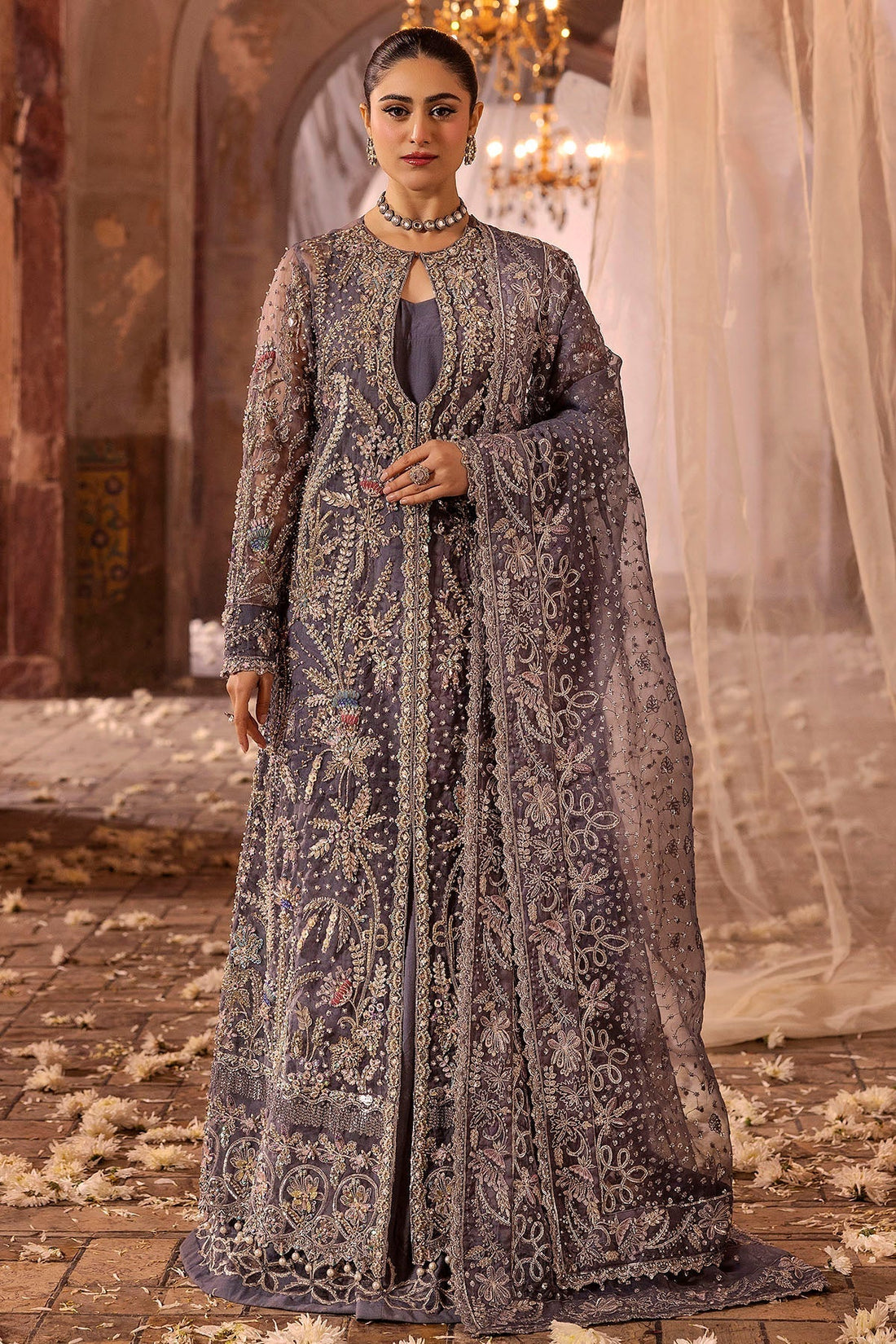 Motifz | Bridal Couture | 0018-ZURIAH EMBROIDERED ORGANZA STITCHED XS Gray Organza