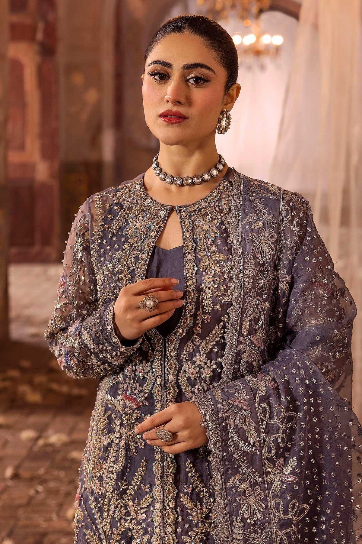 Motifz | Bridal Couture | 0018-ZURIAH EMBROIDERED ORGANZA STITCHED M Gray Organza