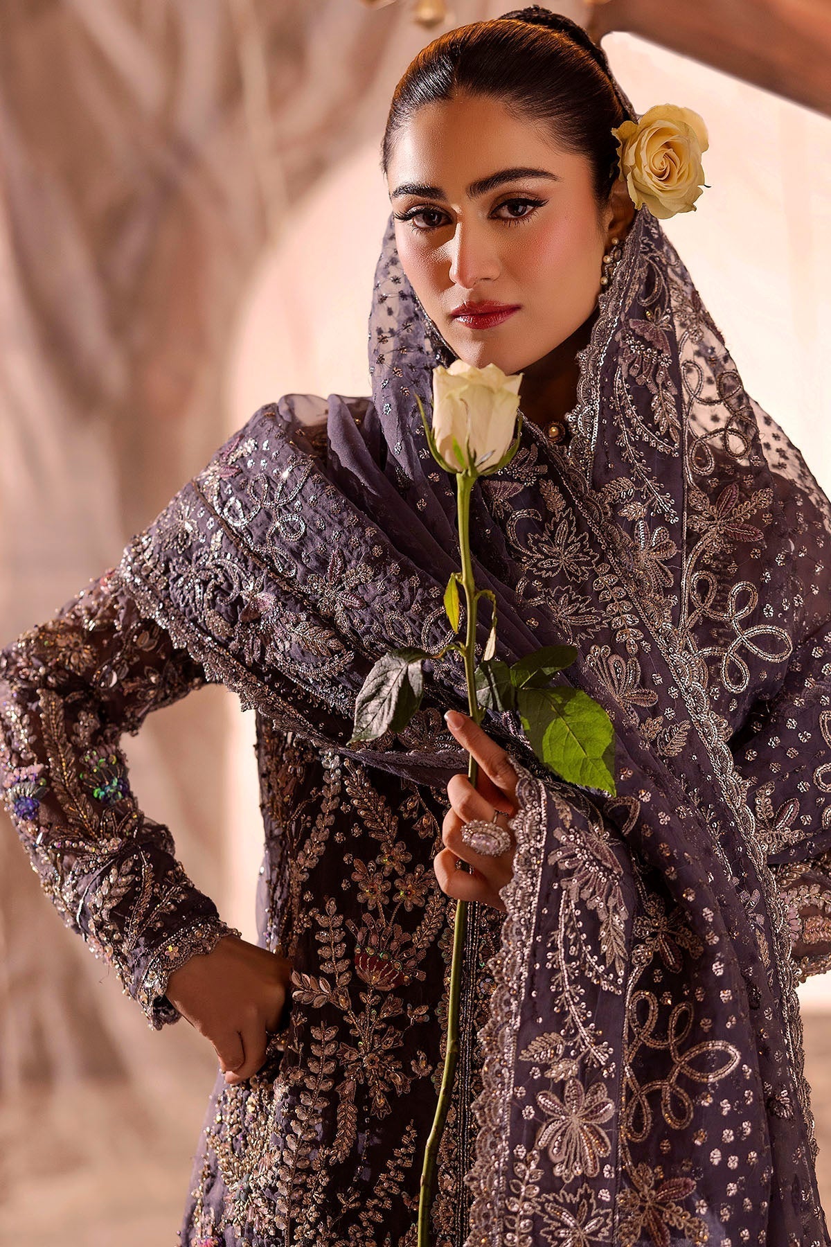 Motifz | Bridal Couture | 0018-ZURIAH EMBROIDERED ORGANZA STITCHED L Gray Organza