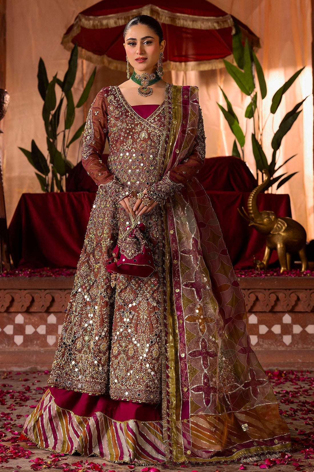 Motifz | Bridal Couture | 0020-NAURATAN EMBROIDERED MESSORI STITCHED XS Fuchsia Zari Net