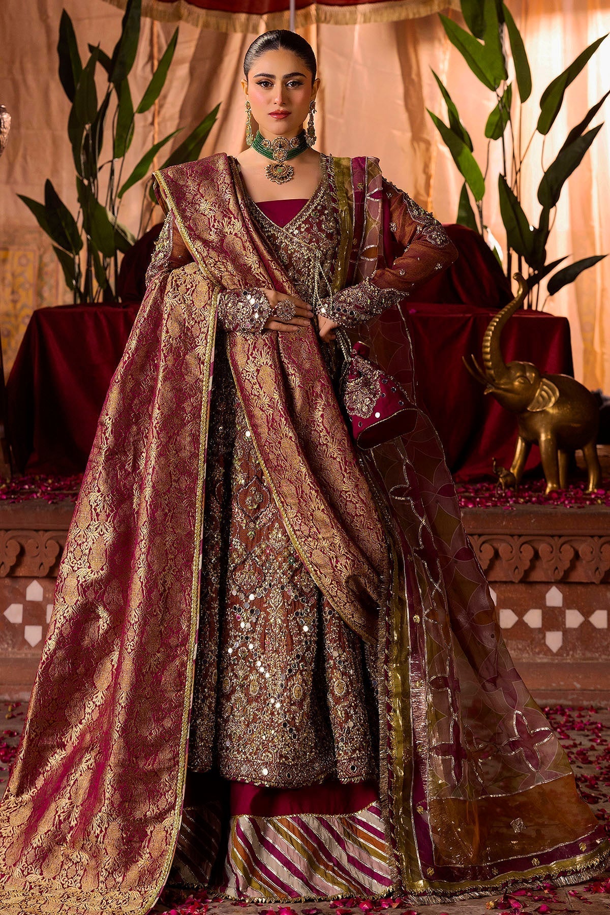 Motifz | Bridal Couture | 0020-NAURATAN EMBROIDERED MESSORI STITCHED Custom Size Fuchsia Zari Net