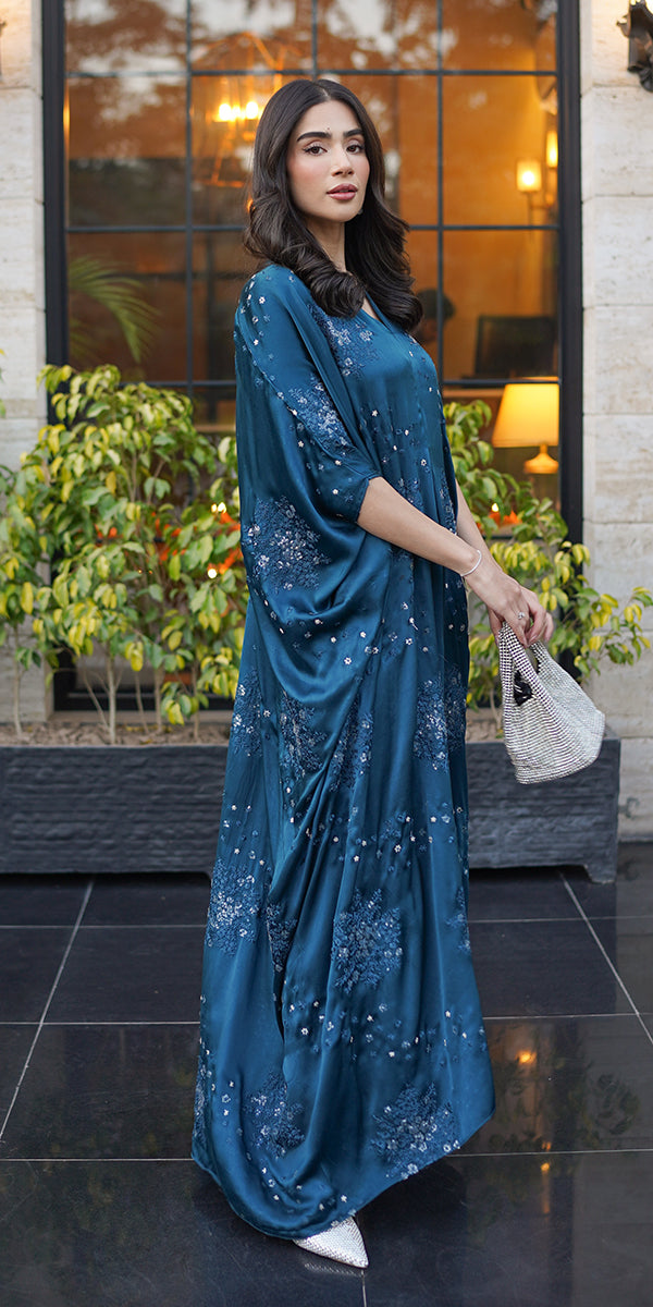 Erum Khan | Velvet Wisper | Dusky Horizon XS Teal Blue Silk