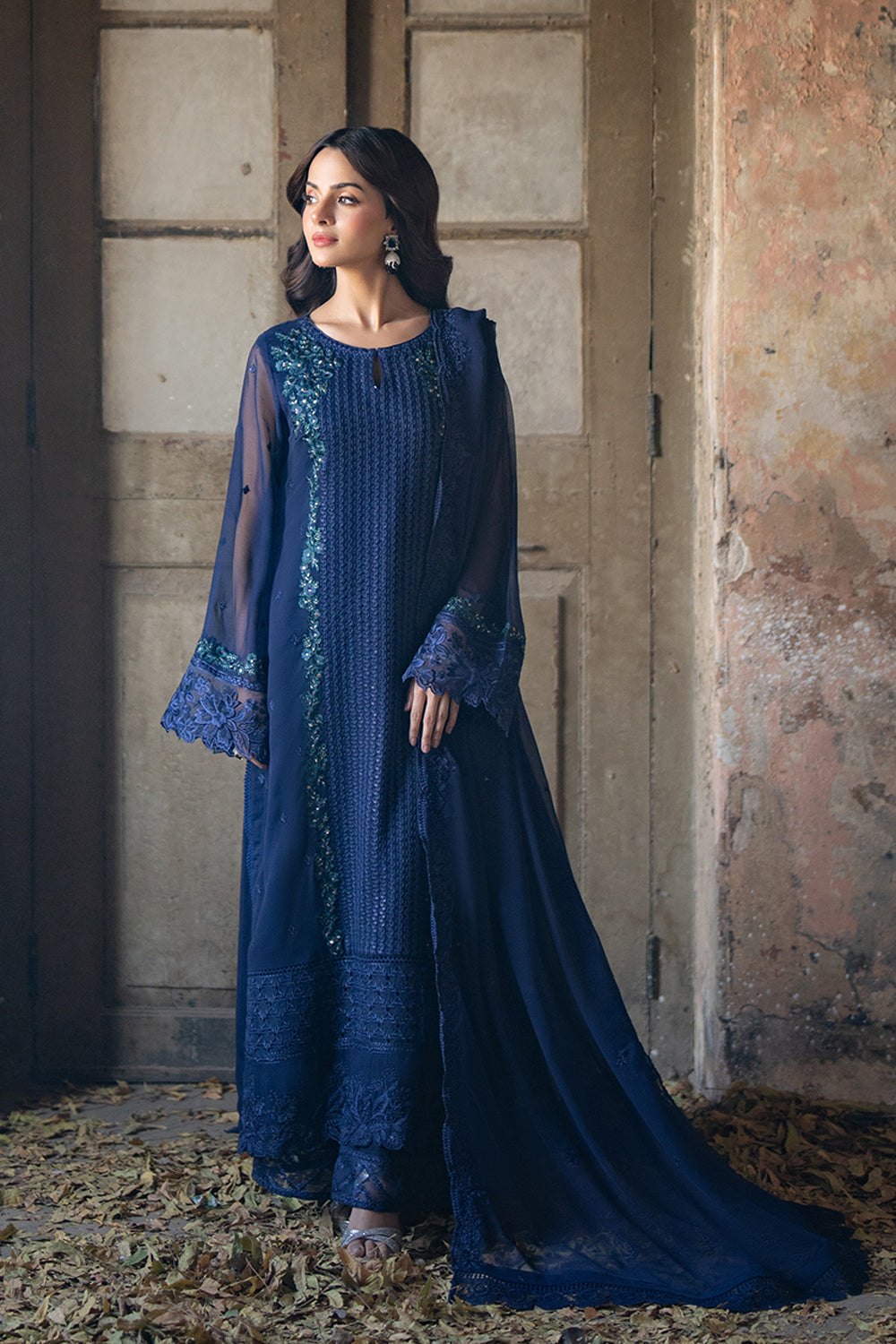Azure | Ensembles Embroidered Formals | Serene Sapphire XS Navy Blue Chiffon
