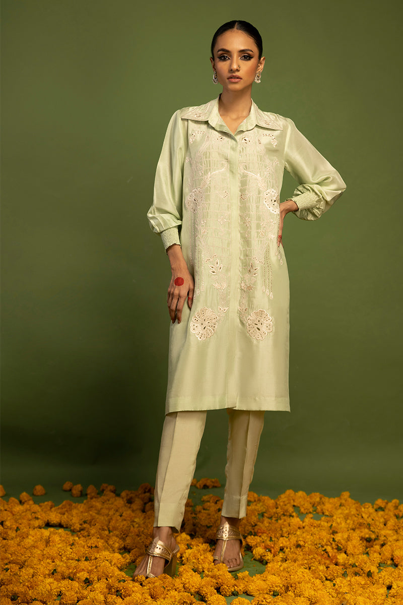 Wardha Saleem | Luxury Pret Traditional Wear | QALB - PURE SILK (2 PC) L Pistachio Green Raw Silk