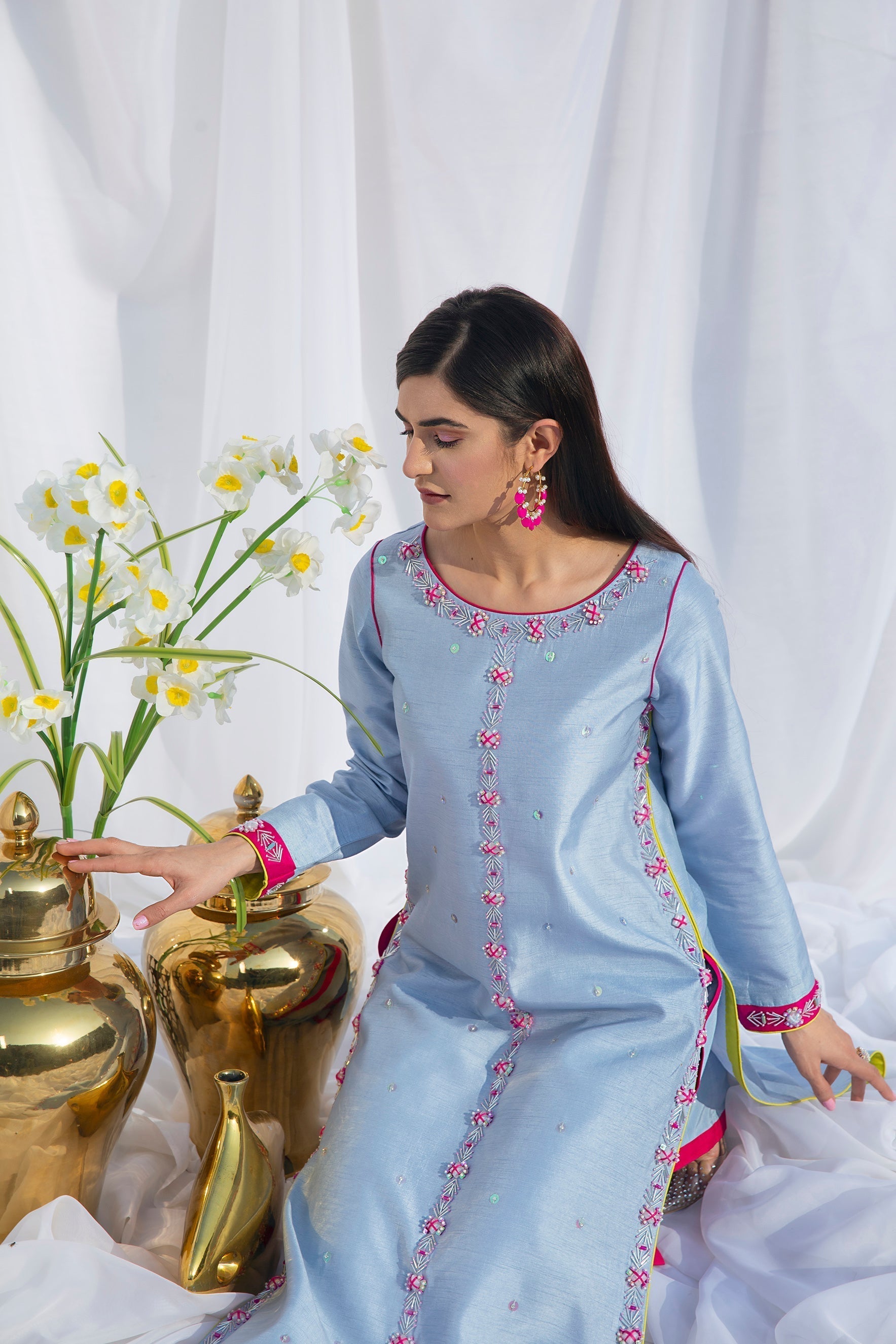 Hana | Viridity Ready to Wear | Carolina-VRT-006 L Blue Gray Raw Silk