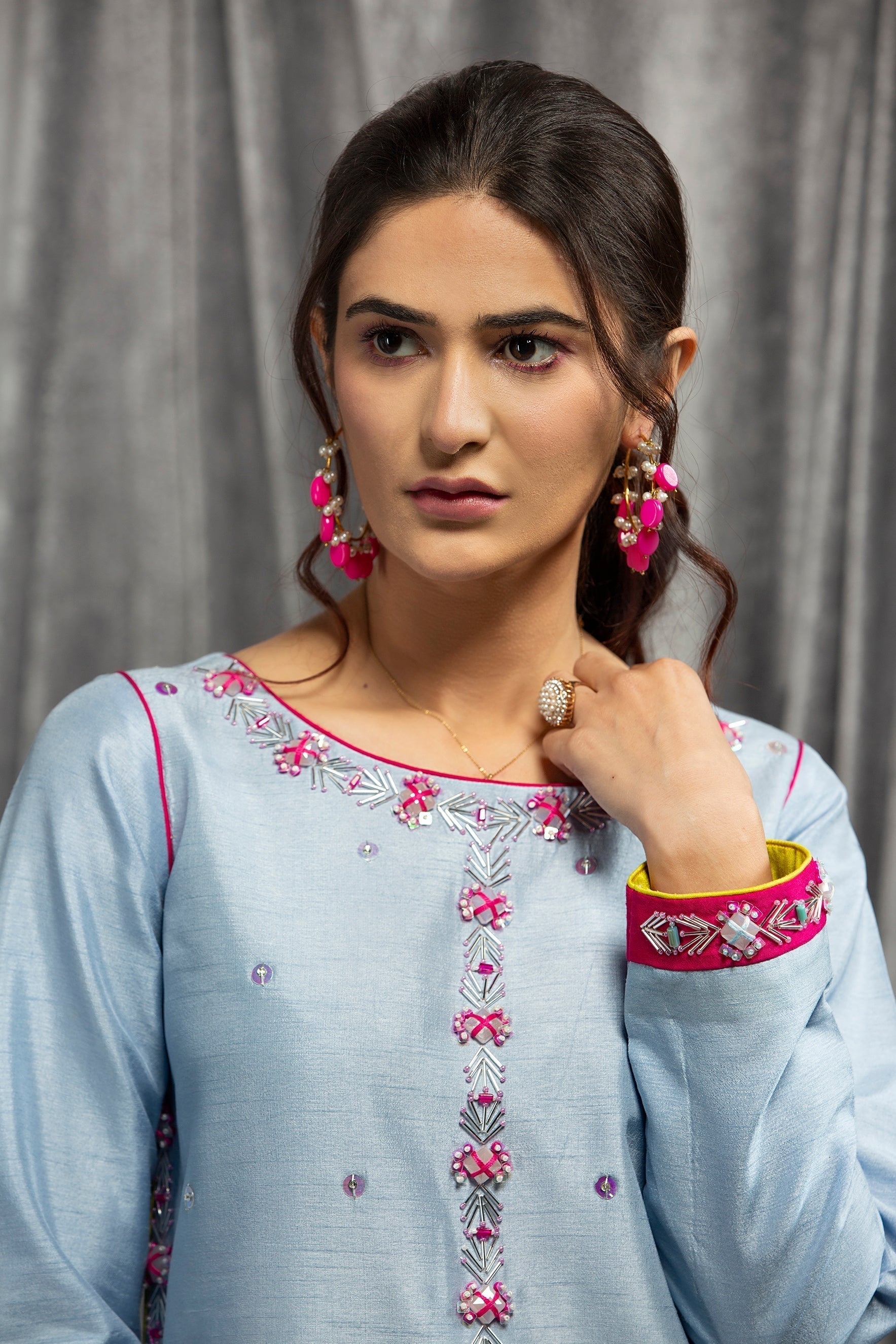 Hana | Viridity Ready to Wear | Carolina-VRT-006 M Blue Gray Raw Silk