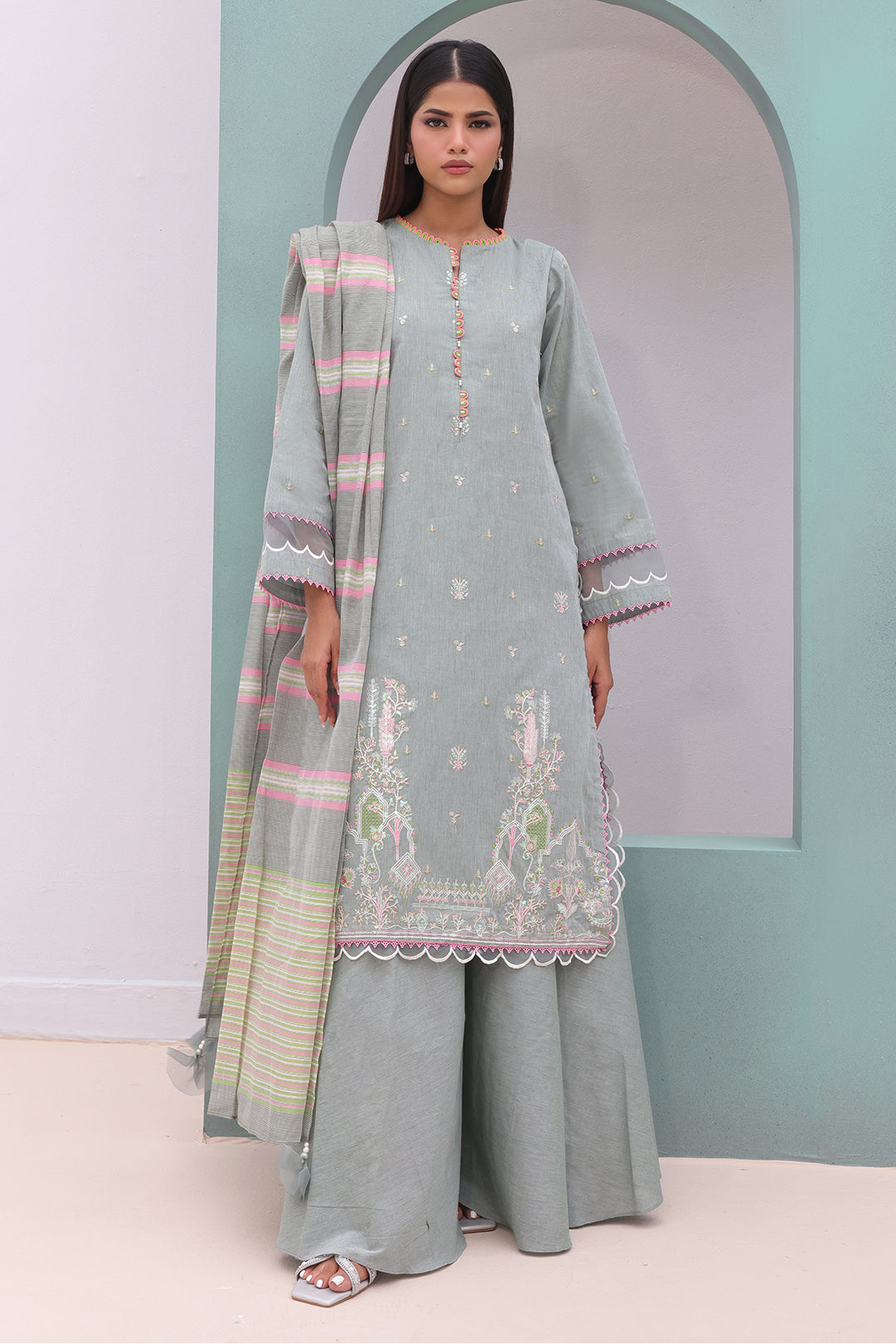 Zellbury | Unstitched 3 Piece Chambray | Embroidered Shirt Shalwar Dupatta - 0075
