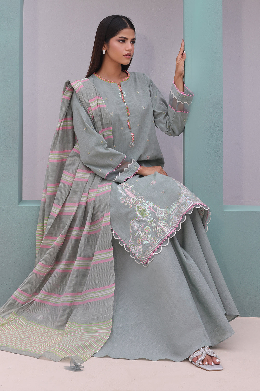 Zellbury | Unstitched 3 Piece Chambray | Embroidered Shirt Shalwar Dupatta - 0075