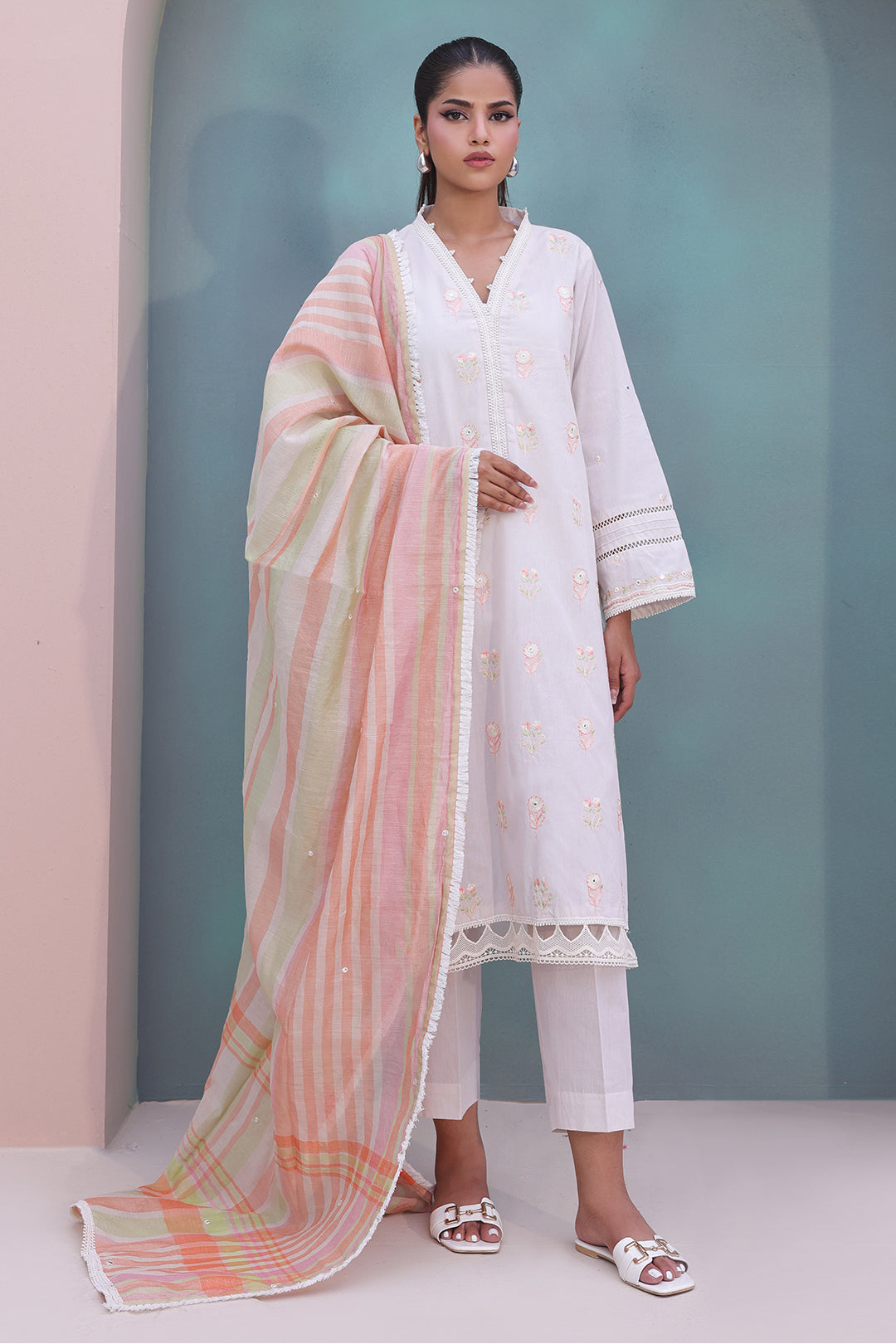Zellbury | Unstitched 3 Piece Chambray | Embroidered Shirt Shalwar Dupatta - 0078