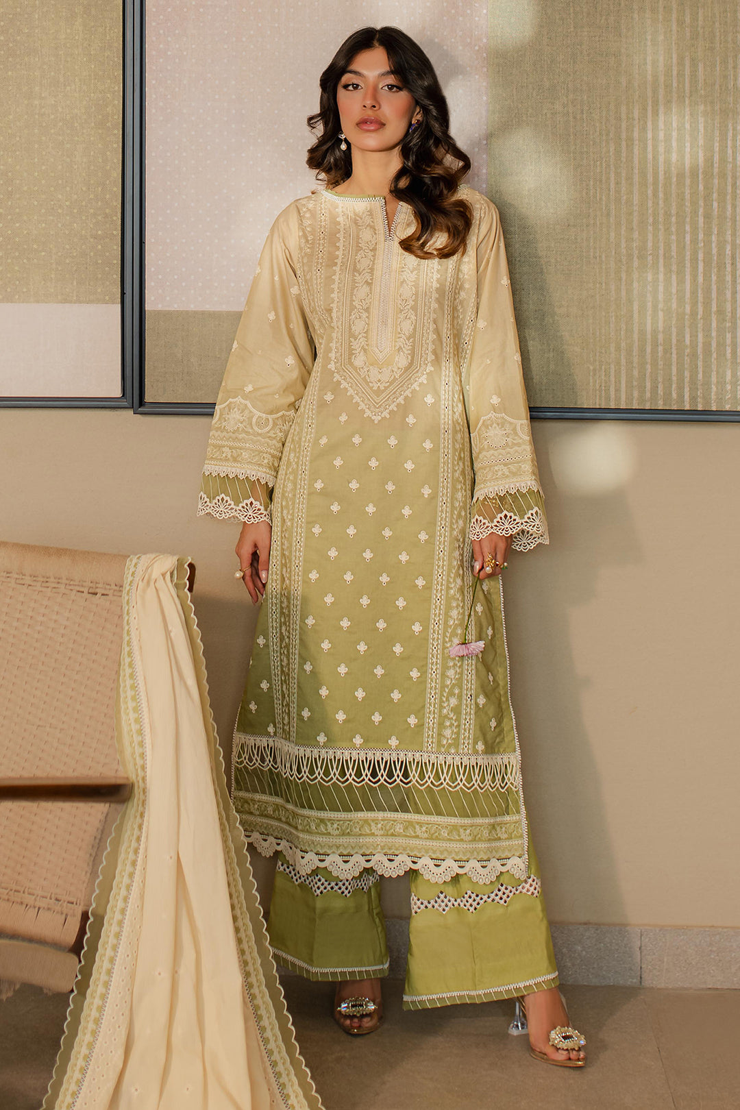 Zellbury | Unstitched 3 Piece Chikankari | Embroidered Shirt Shalwar Dupatta - 0702